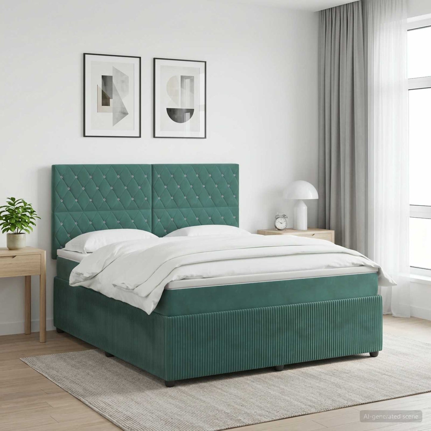 LED Boxspring Ágy Mattal Sötétzöld 140 x 190 cm Bársony