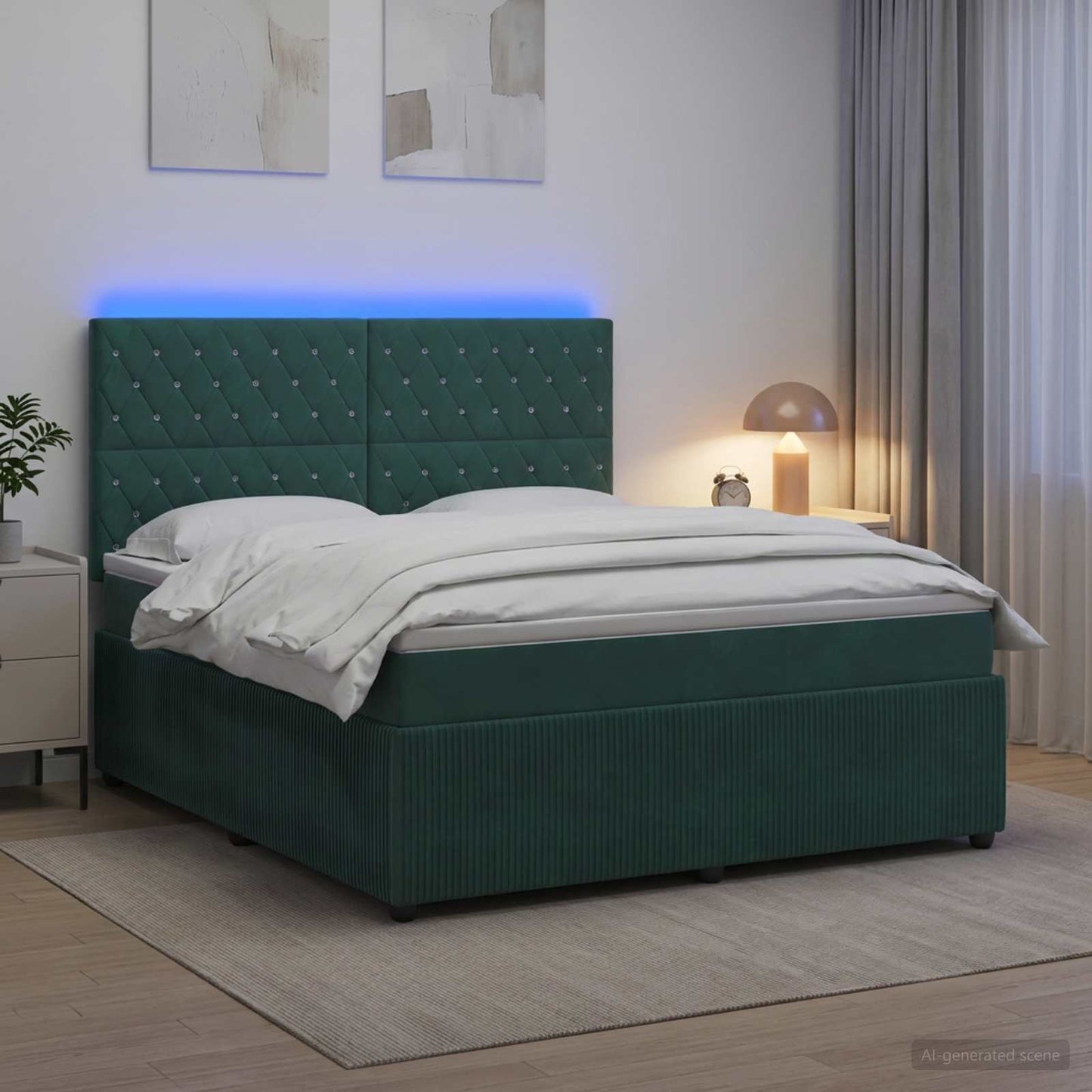 LED Boxspring Ágy Mattal Sötétzöld 140 x 200 cm Bársony