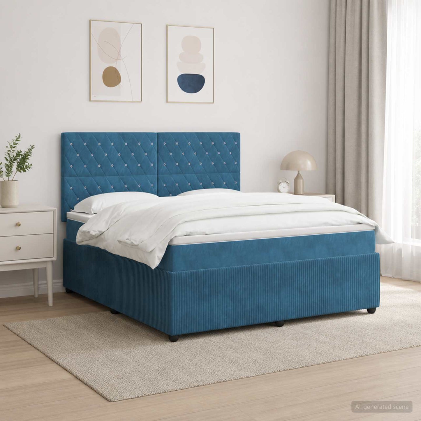 LED Boxspring Ágy Mattal fejtámlával Kék 160 x 200 cm Bársony