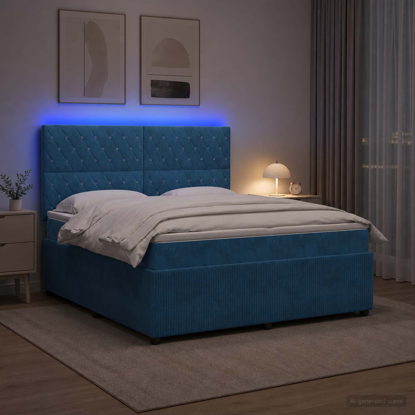 LED Boxspring Ágy Mattal fejtámlával Kék 180 x 200 cm Bársony