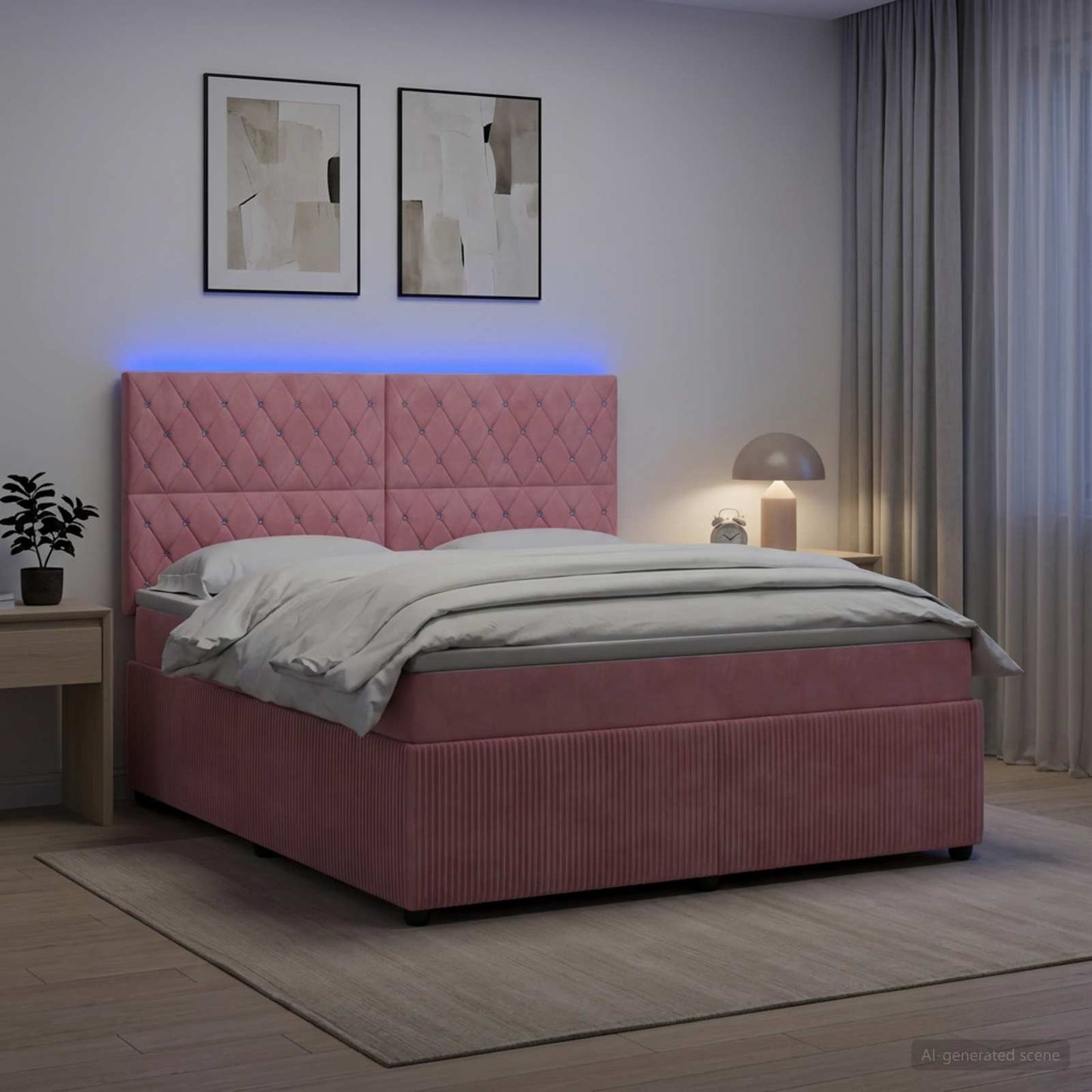LED Boxspring Ágy Mattal Rózsaszín 160 x 200 cm Bársony