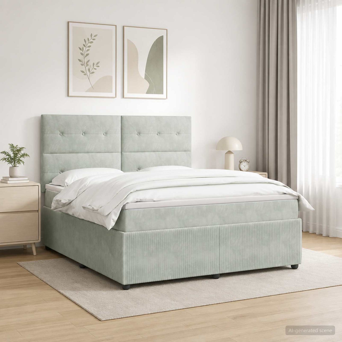 LED Boxspring Ágy Mattal Világosszürke 180 x 200 cm Bársony