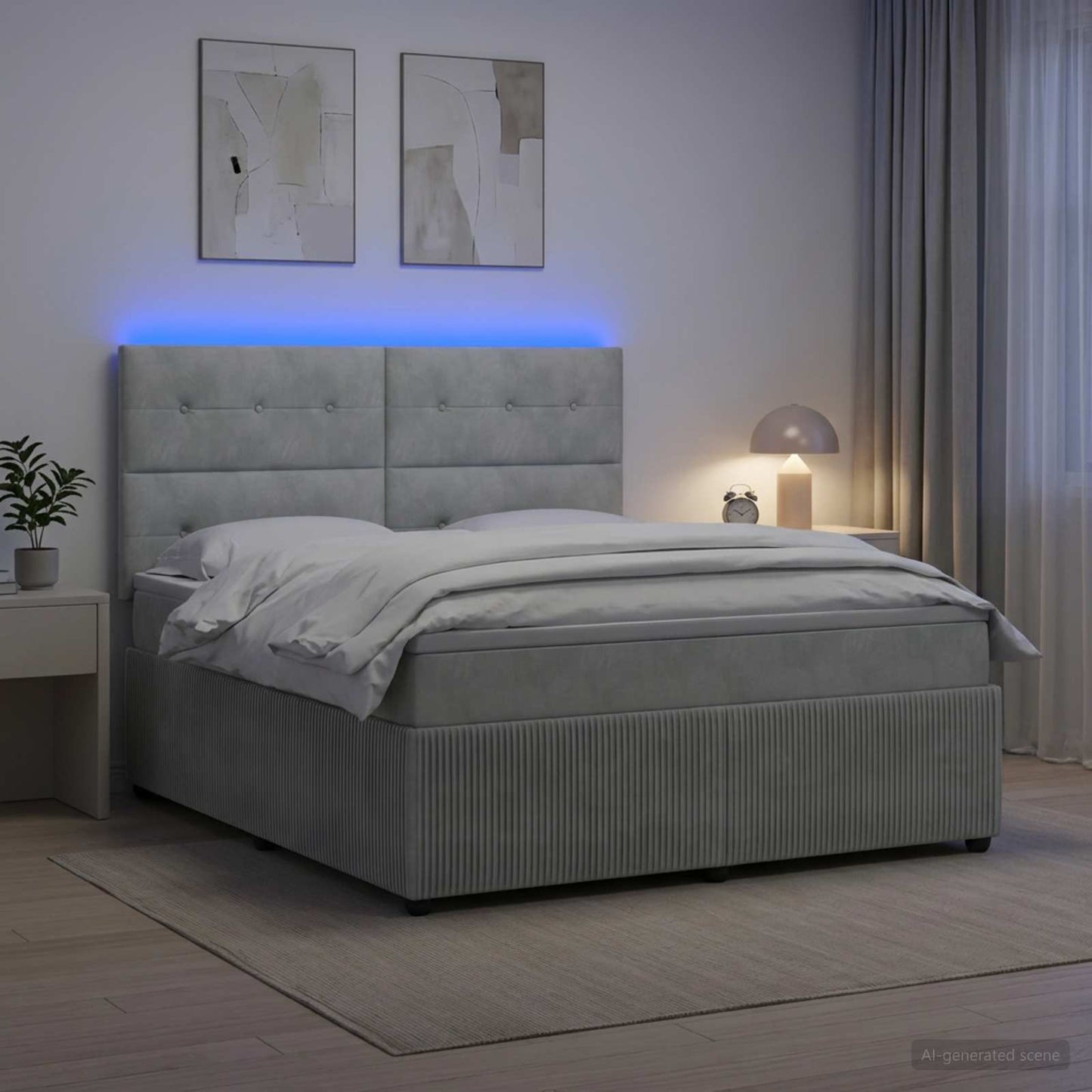 LED Boxspring Ágy Mattal Világosszürke 180 x 200 cm Bársony