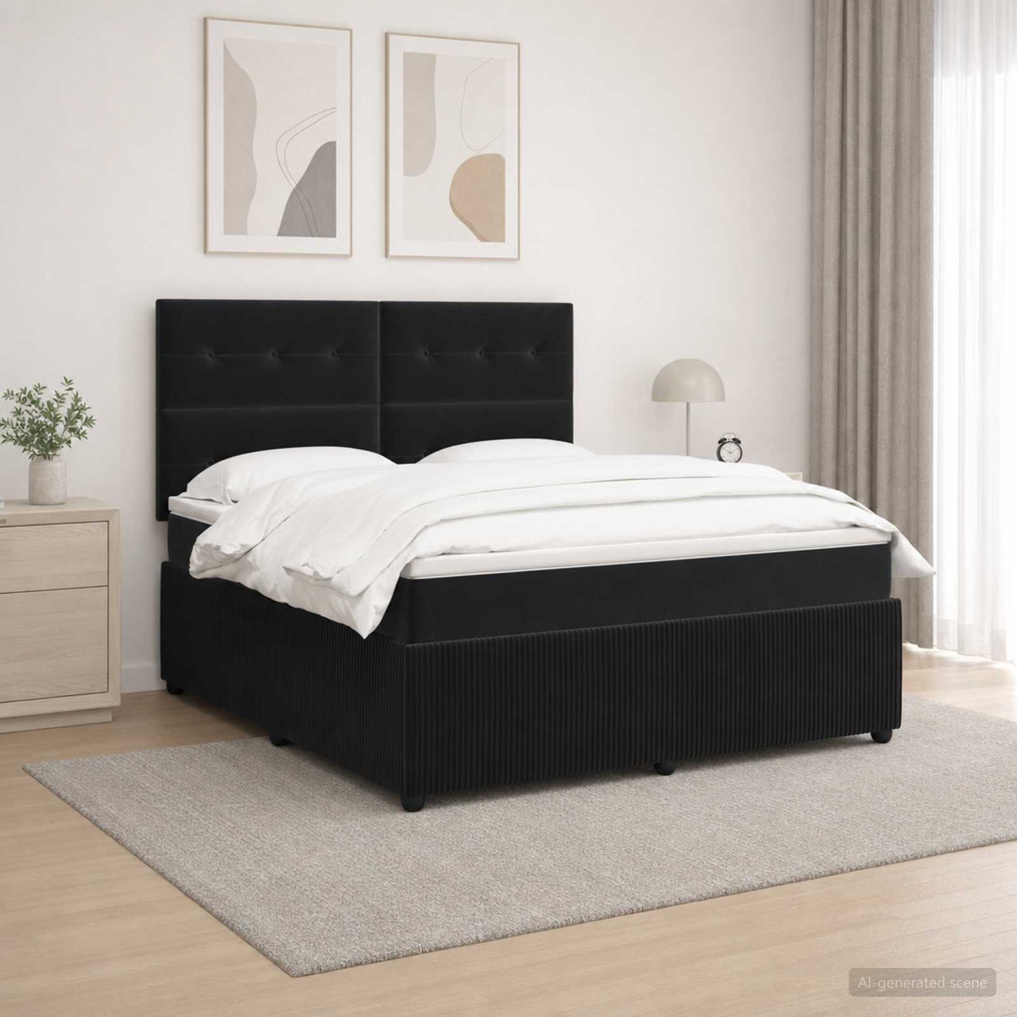 LED Boxspring Ágy Mattal Fekete 180 x 200 cm Bársony