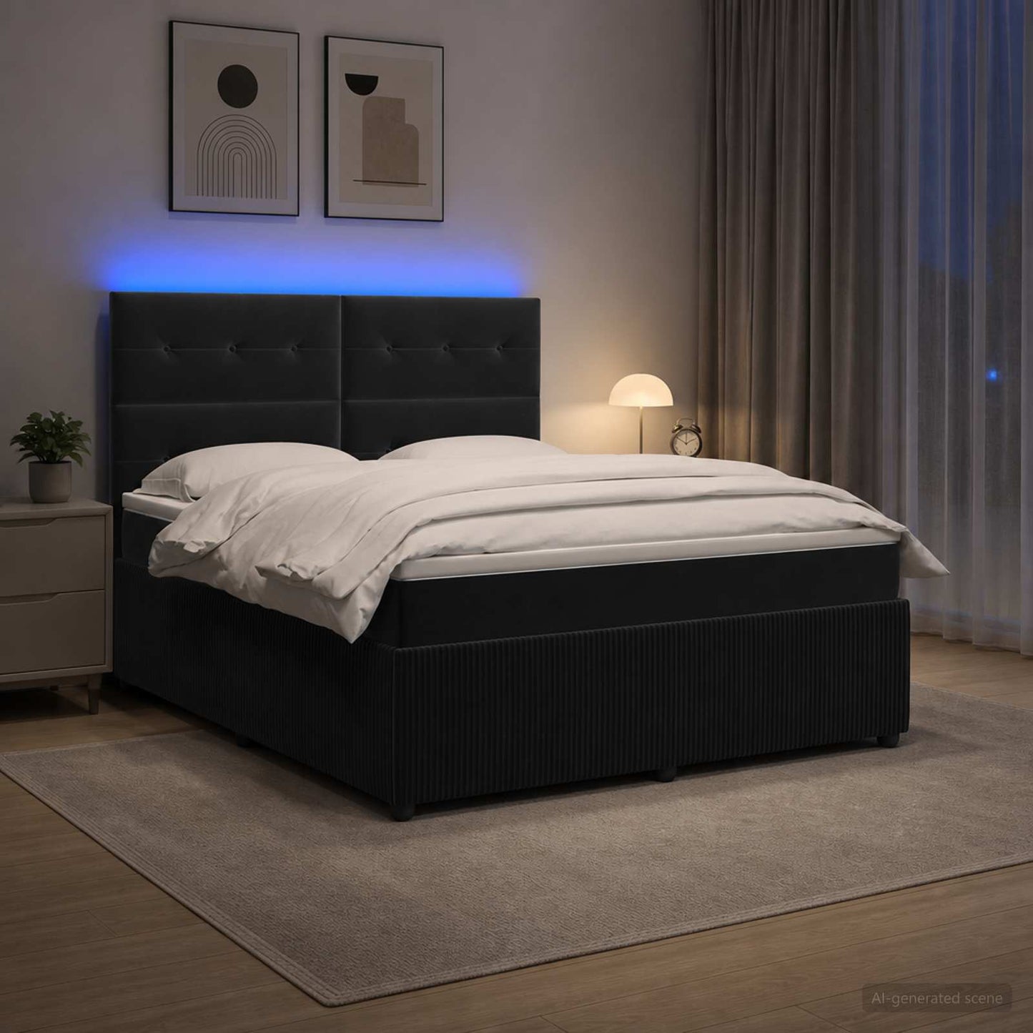 LED Boxspring Ágy Mattal Fekete 160 x 200 cm Bársony