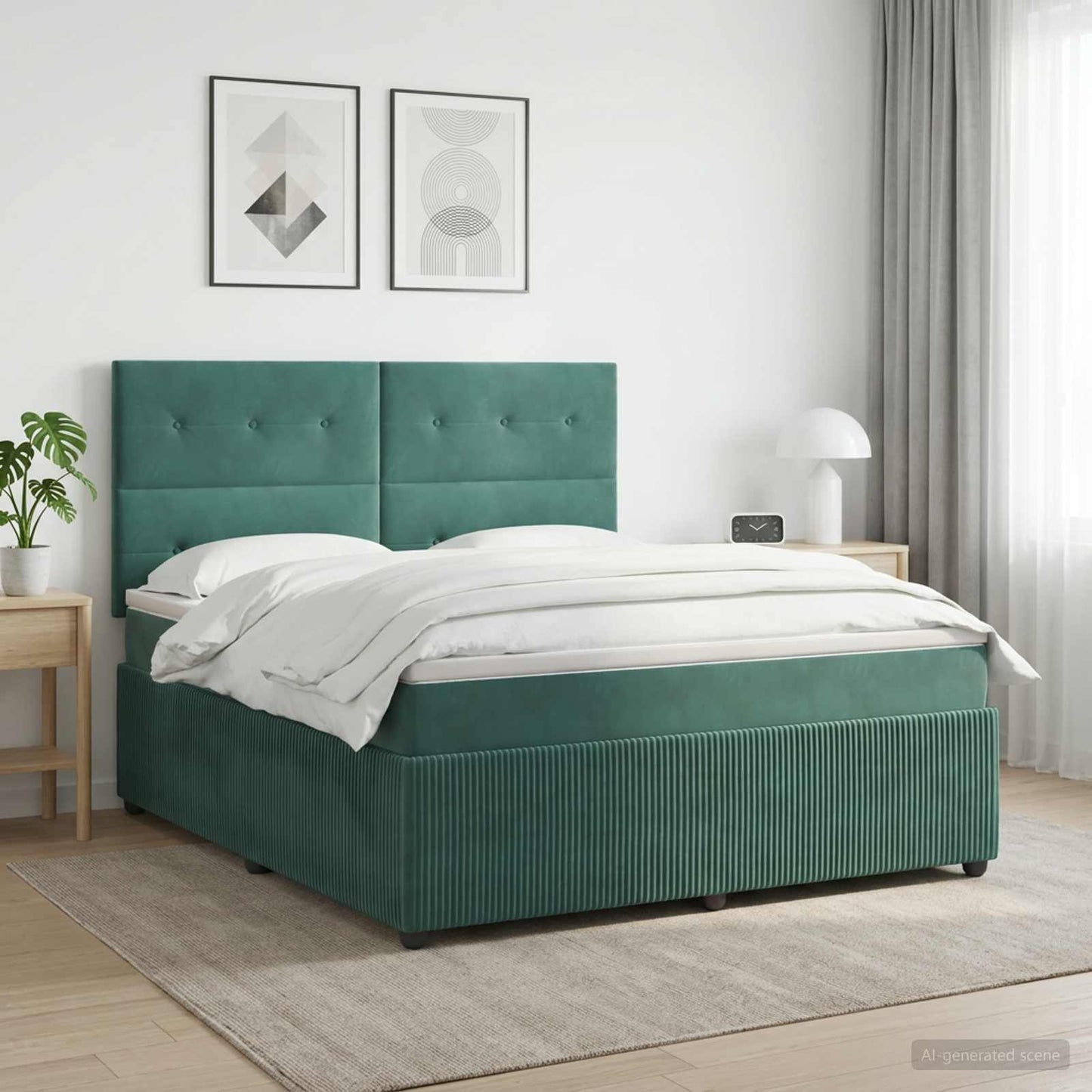 LED Boxspring Ágy Mattal Sötétzöld 180 x 200 cm Bársony