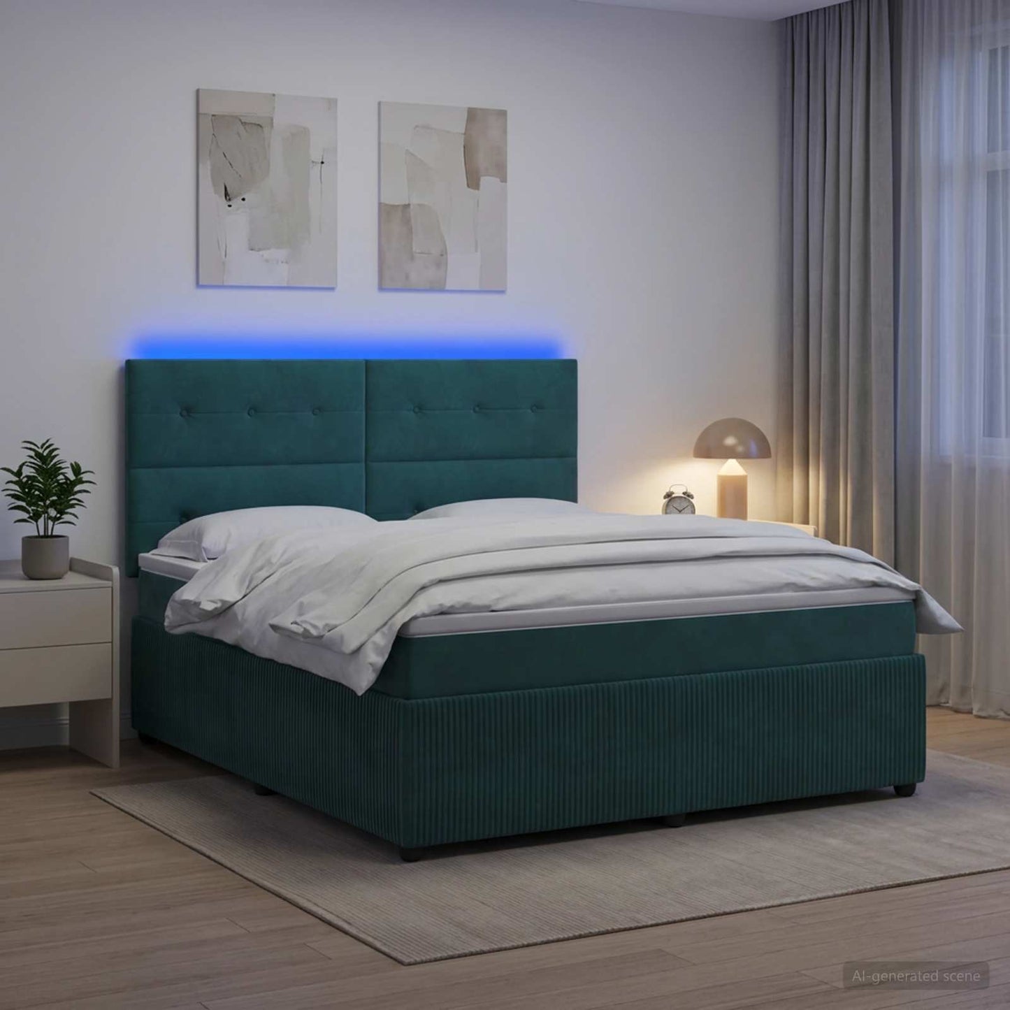LED Boxspring Ágy Mattal Sötétzöld 180 x 200 cm Bársony