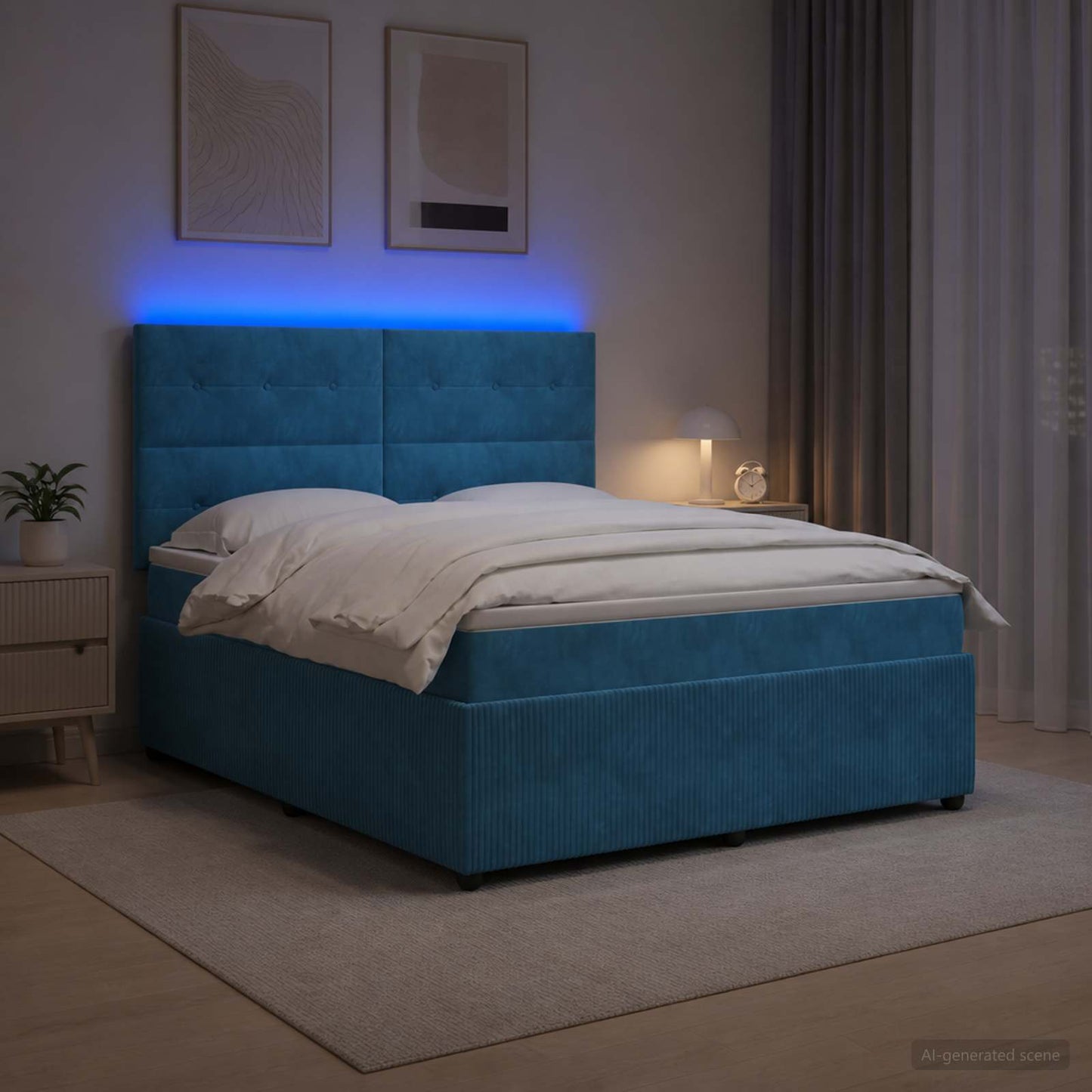 LED Boxspring Ágy Mattal fejtámlával Kék 160 x 200 cm Bársony