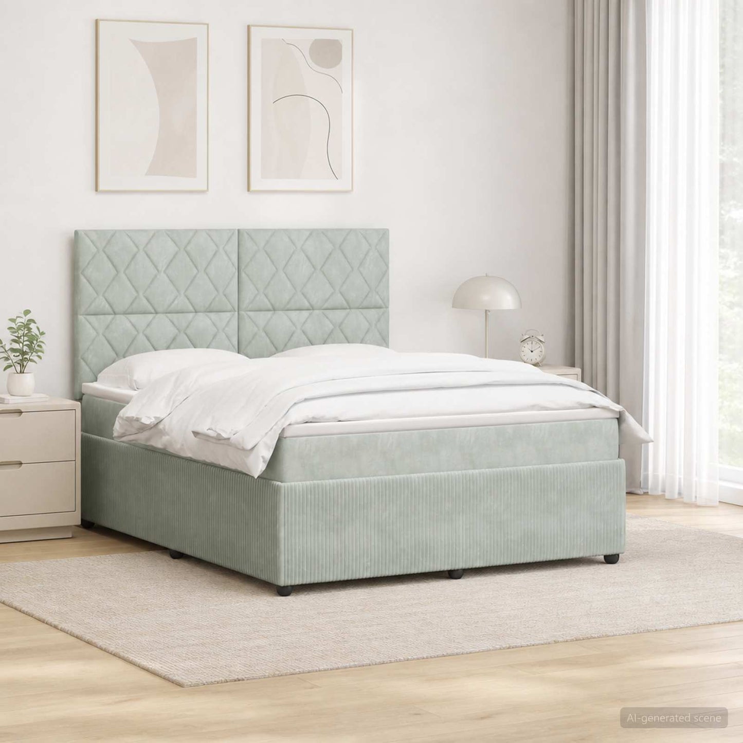 LED Boxspring Ágy Mattal Világosszürke 160 x 200 cm Bársony
