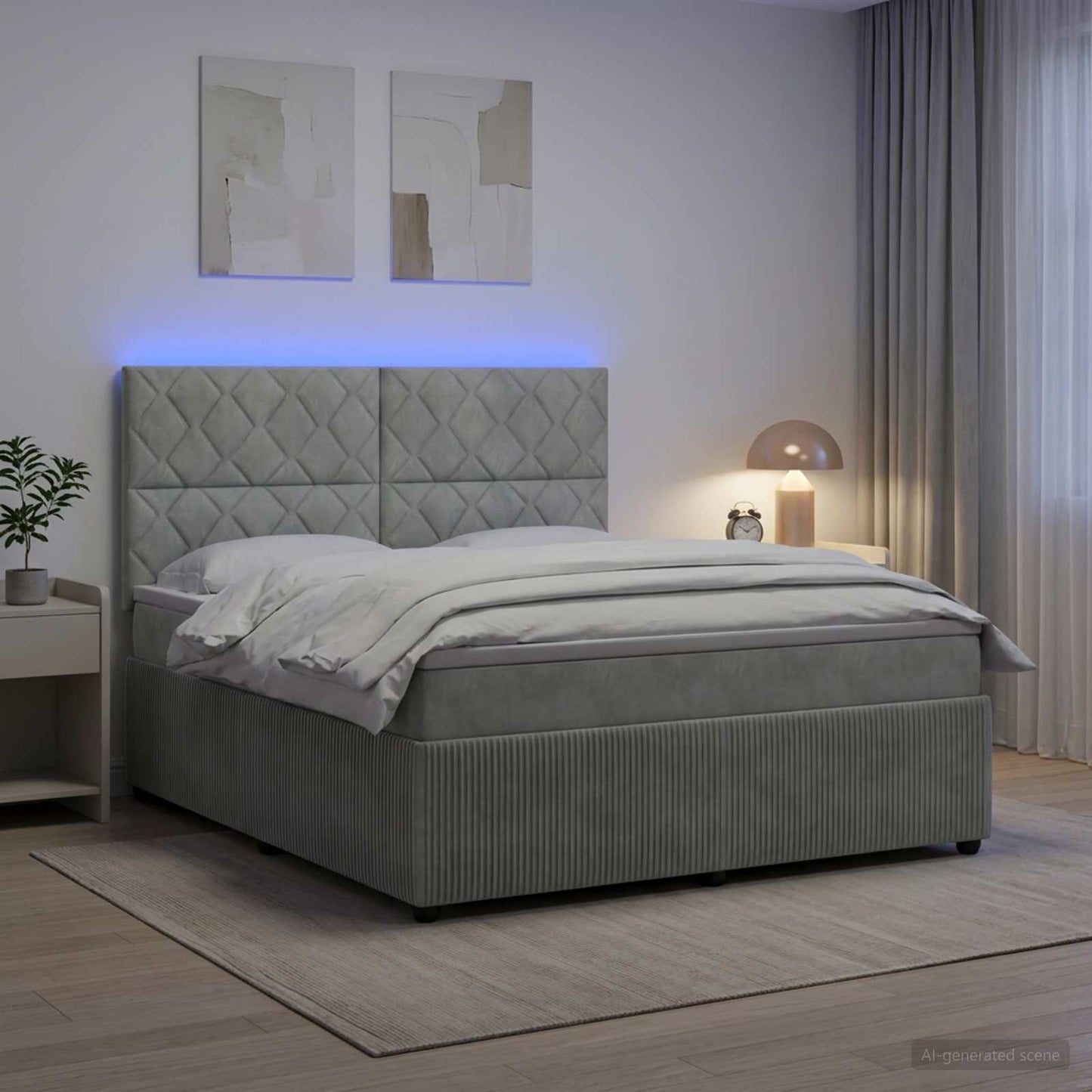 LED Boxspring Ágy Mattal Világosszürke 180 x 200 cm Bársony