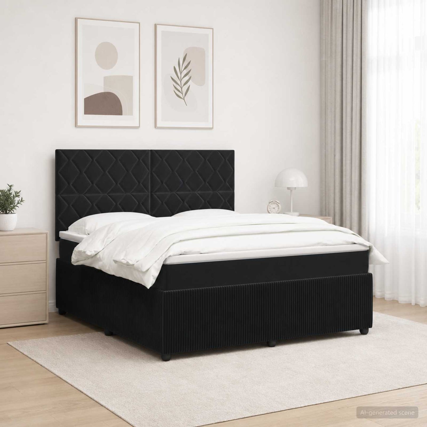 LED Boxspring Ágy Mattal Fekete 180 x 200 cm Bársony