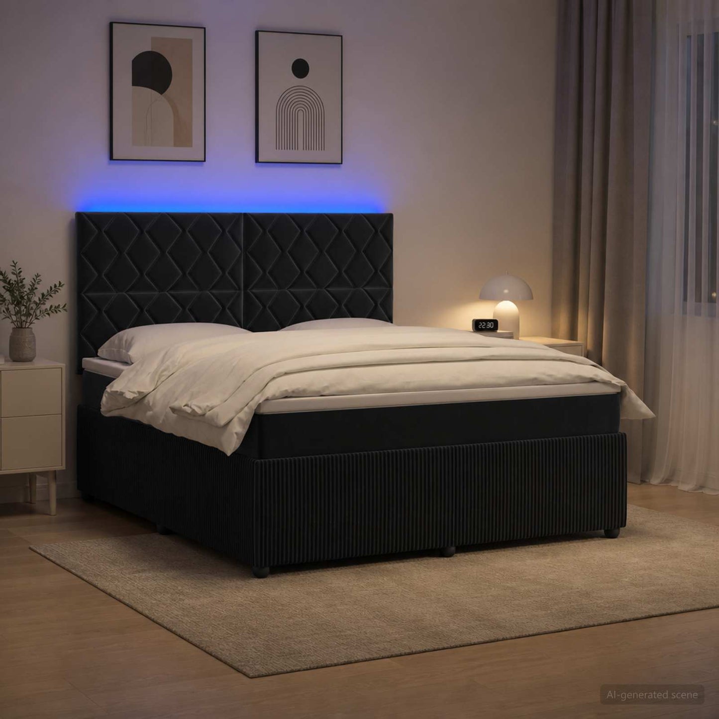 LED Boxspring Ágy Mattal Fekete 160 x 200 cm Bársony