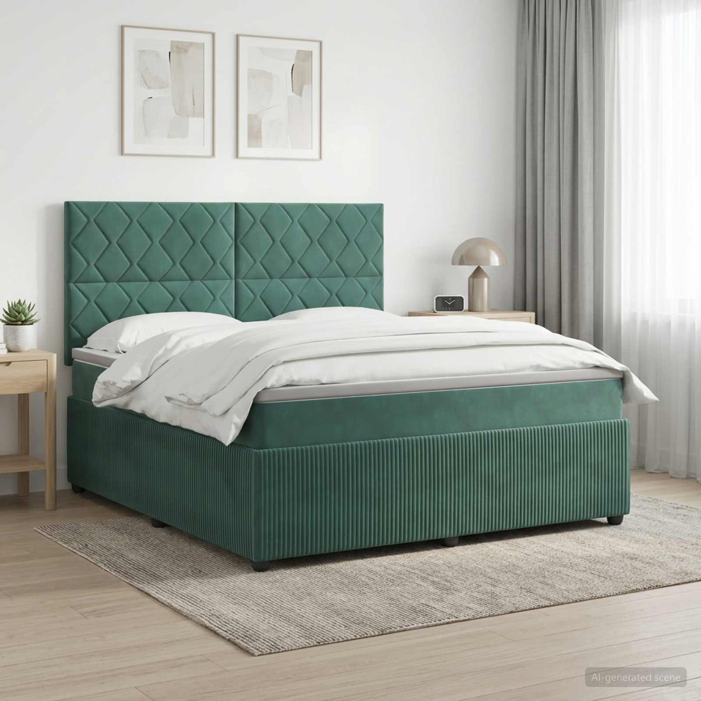 LED Boxspring Ágy Mattal Sötétzöld 140 x 200 cm Bársony