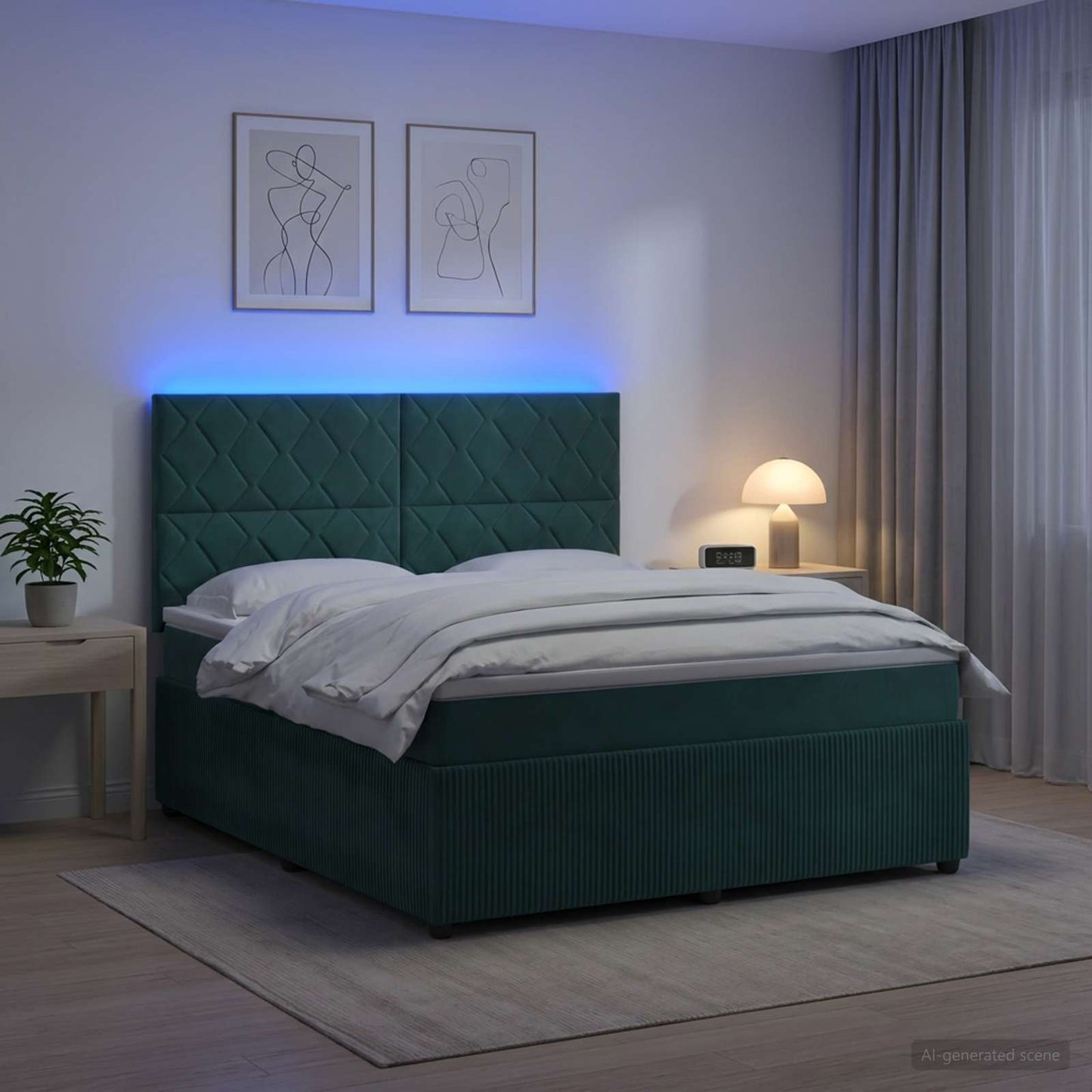 LED Boxspring Ágy Mattal Sötétzöld 140 x 200 cm Bársony