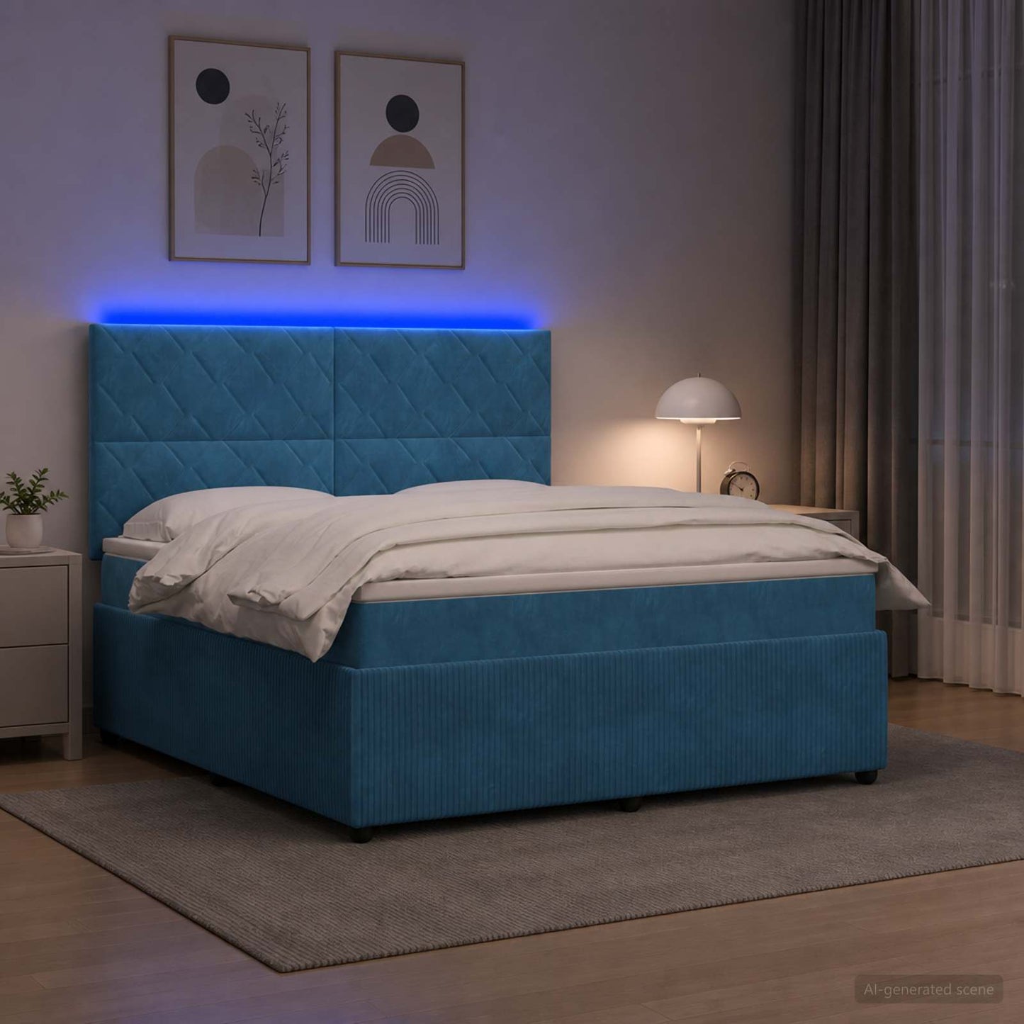LED Boxspring Ágy Mattal fejtámlával Kék 180 x 200 cm Bársony