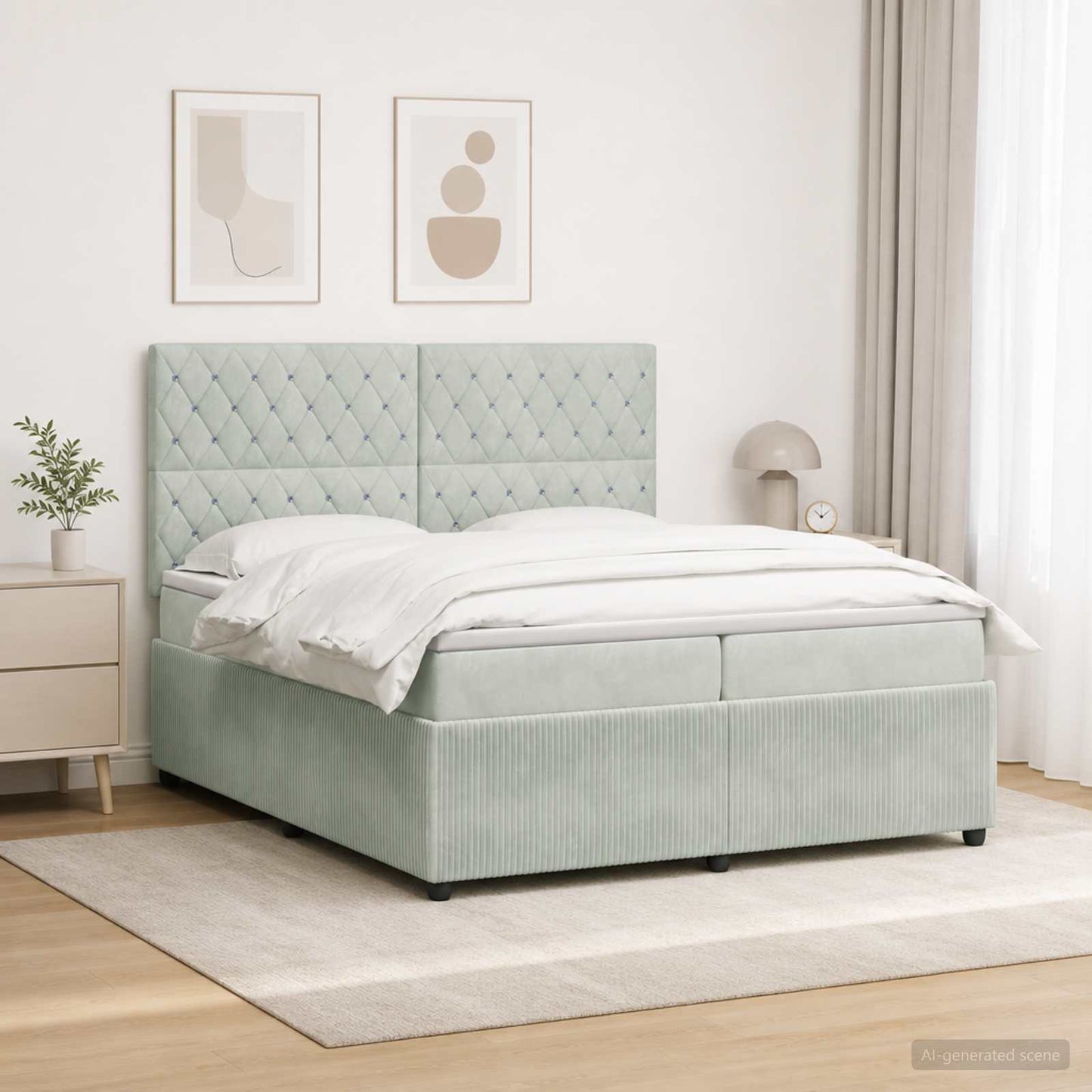 LED Boxspring Ágy Mattal Világosszürke 200 x 200 cm Bársony