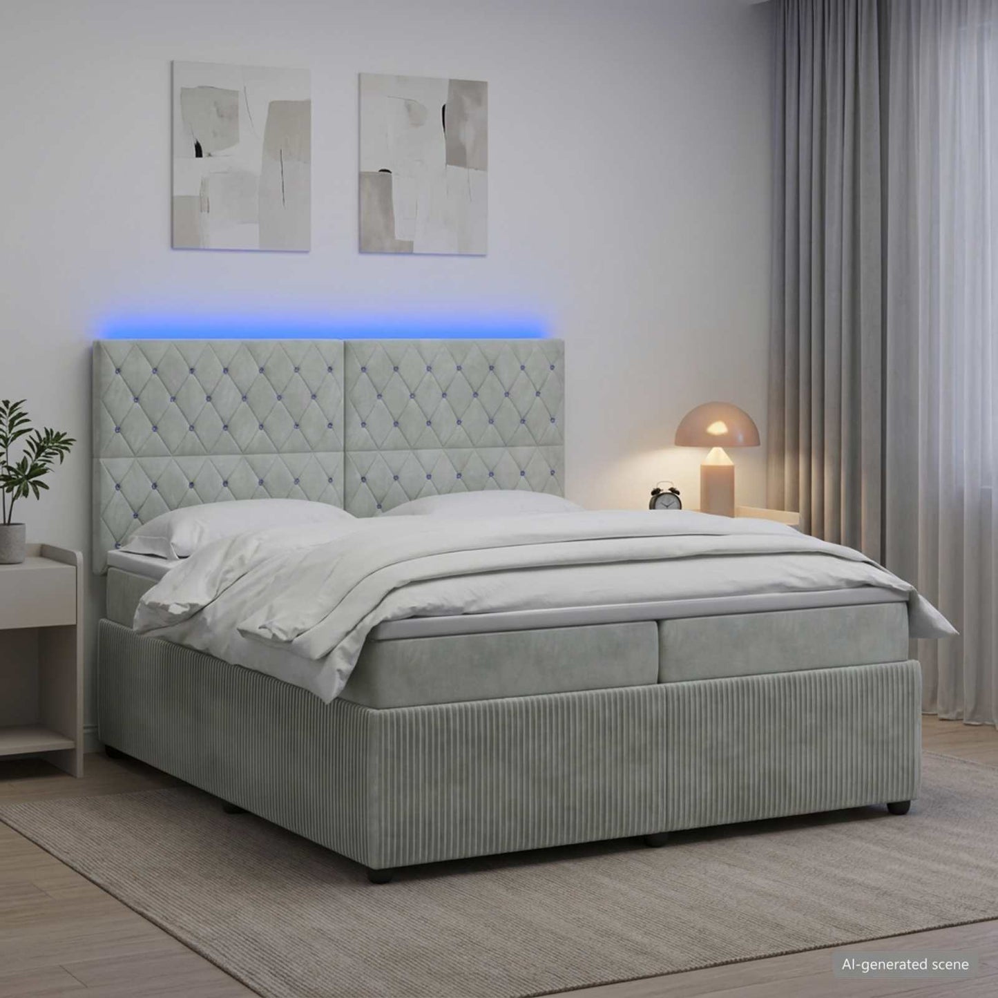 LED Boxspring Ágy Mattal Világosszürke 200 x 200 cm Bársony