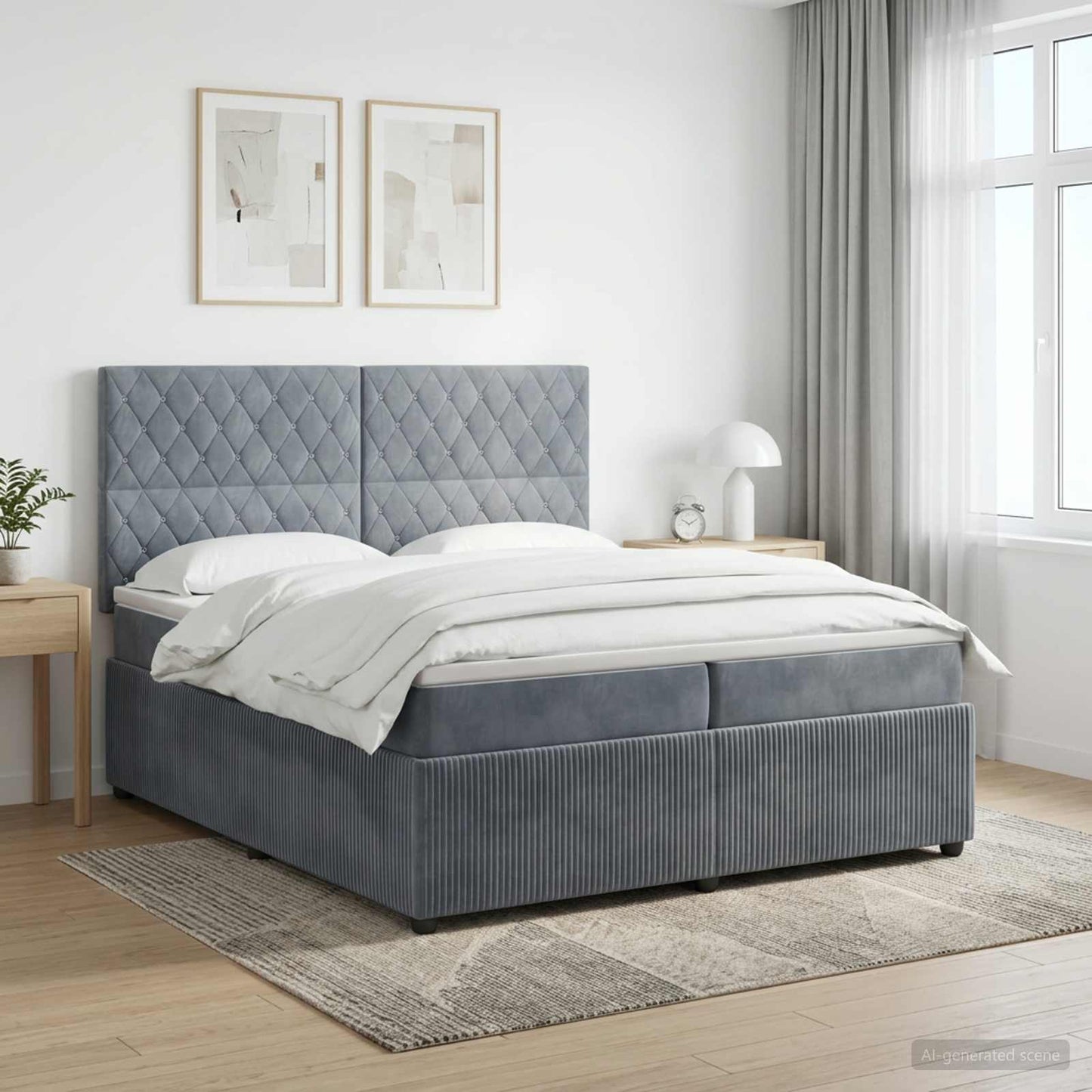 LED Boxspring Ágy Mattal Sötétszürke 200 x 200 cm Bársony