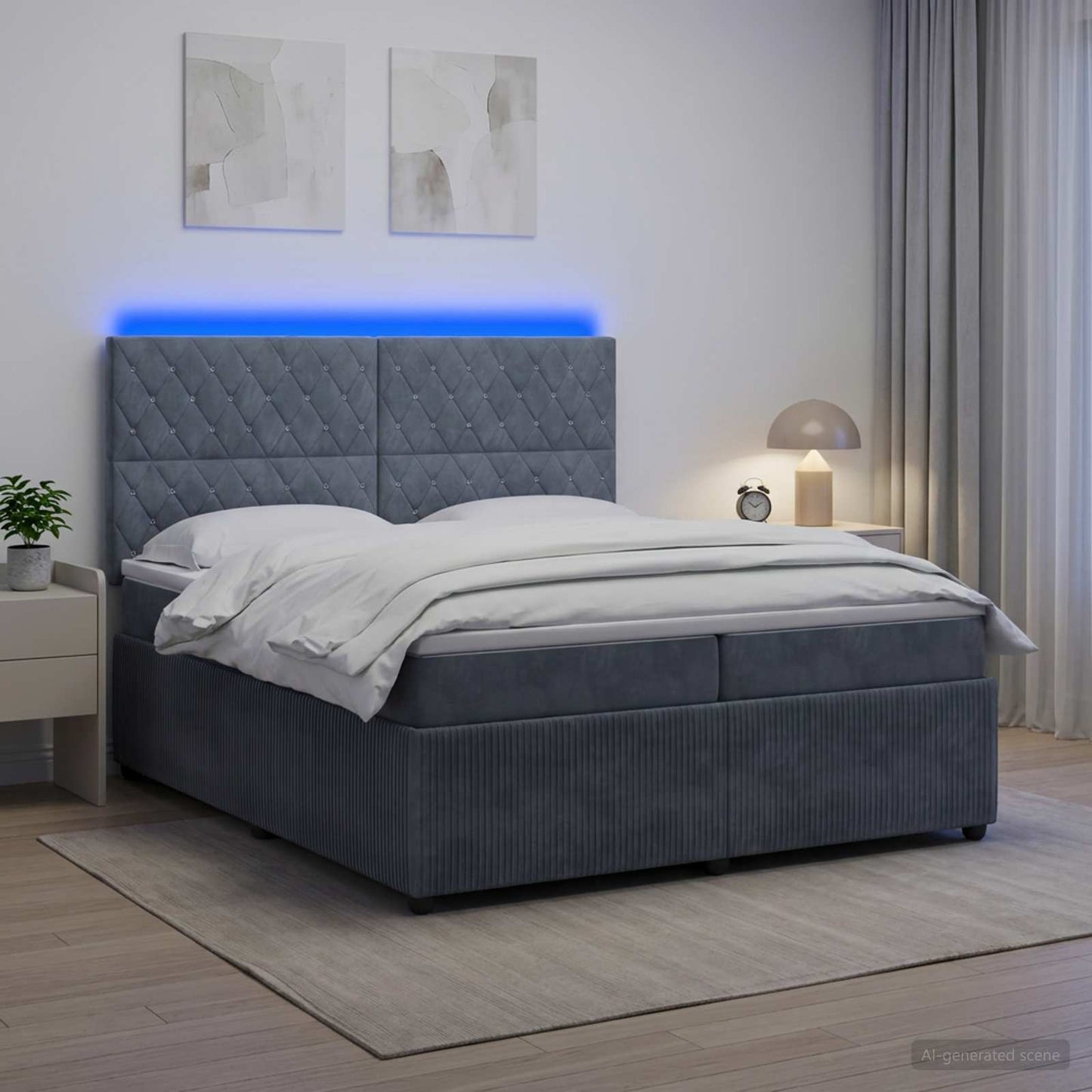 LED Boxspring Ágy Mattal Sötétszürke 200 x 200 cm Bársony