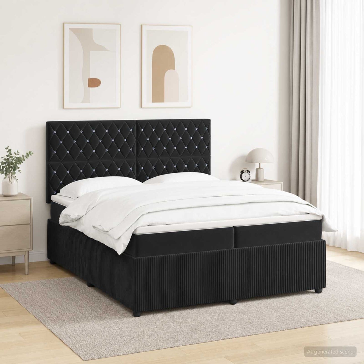 LED Boxspring Ágy Mattal Fekete 200 x 200 cm Bársony