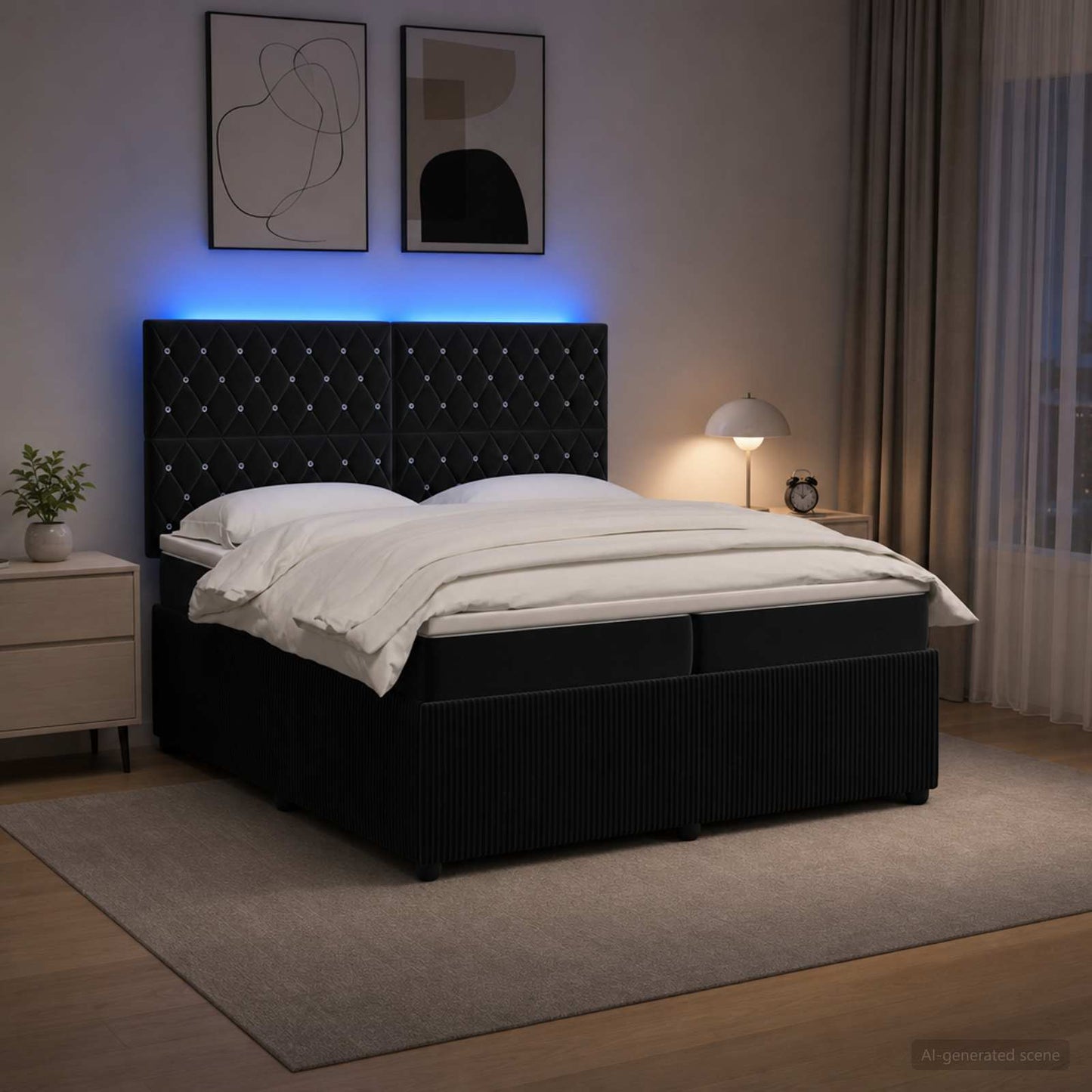 LED Boxspring Ágy Mattal Fekete 200 x 200 cm Bársony