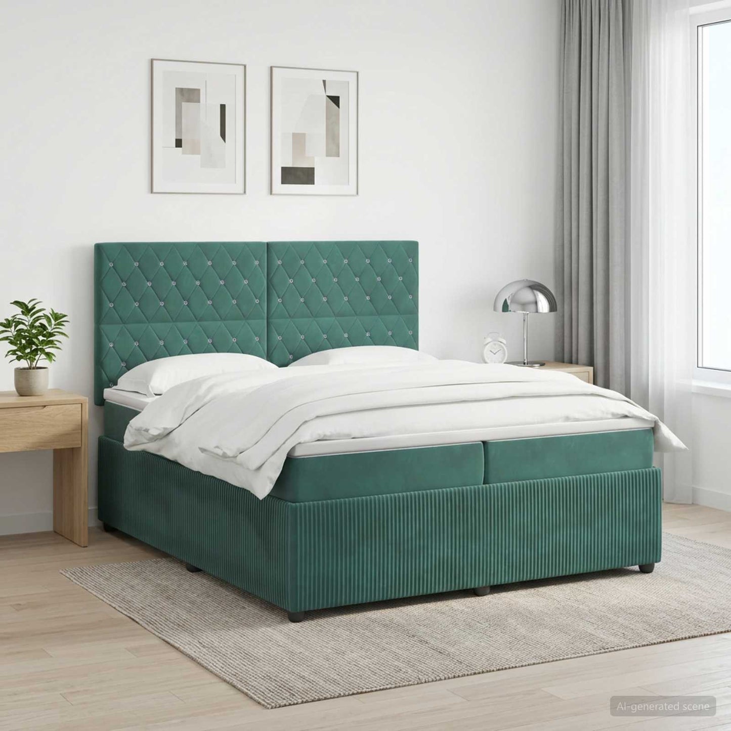 LED Boxspring Ágy Mattal Sötétzöld 200 x 200 cm Bársony