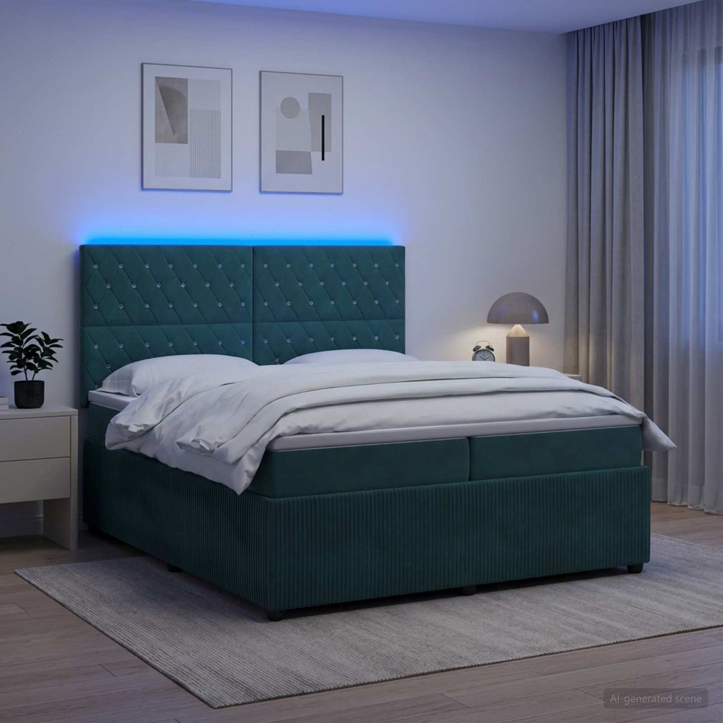 LED Boxspring Ágy Mattal Sötétzöld 200 x 200 cm Bársony