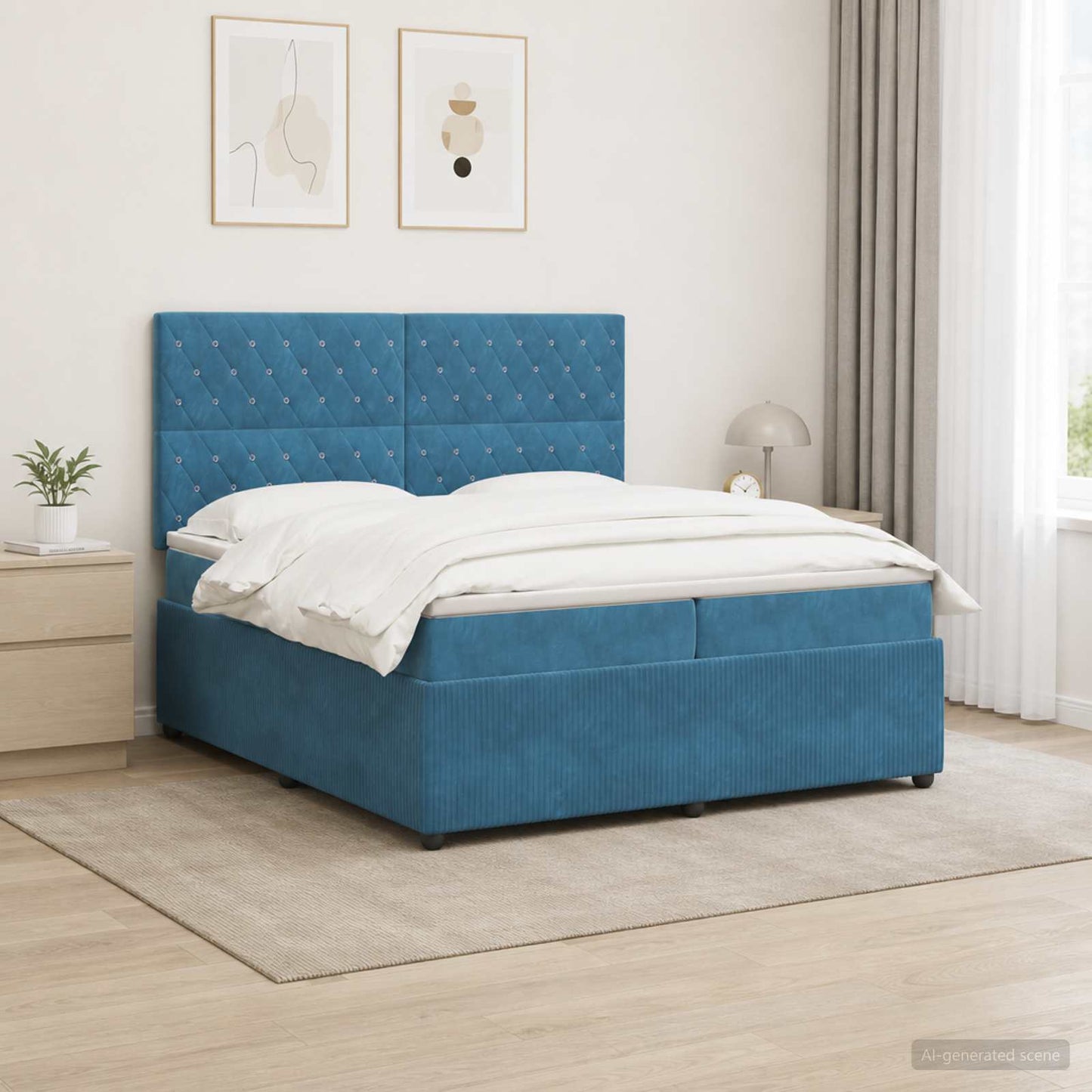 LED Boxspring Ágy Mattal fejtámlával Kék 200 x 200 cm Bársony