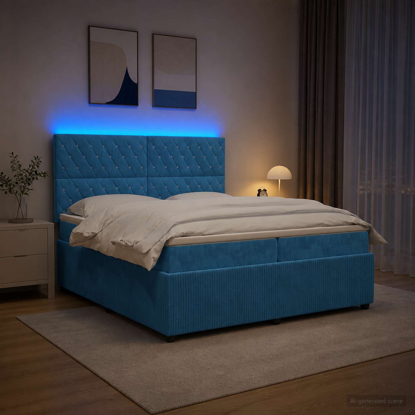 LED Boxspring Ágy Mattal fejtámlával Kék 200 x 200 cm Bársony