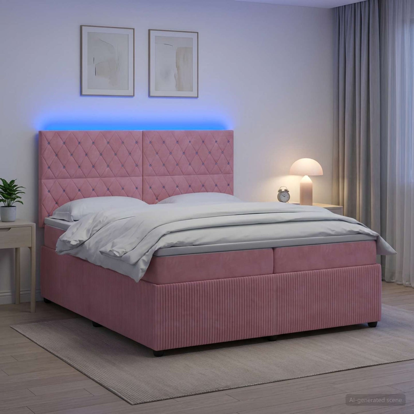 LED Boxspring Ágy Mattal Rózsaszín 200 x 200 cm Bársony