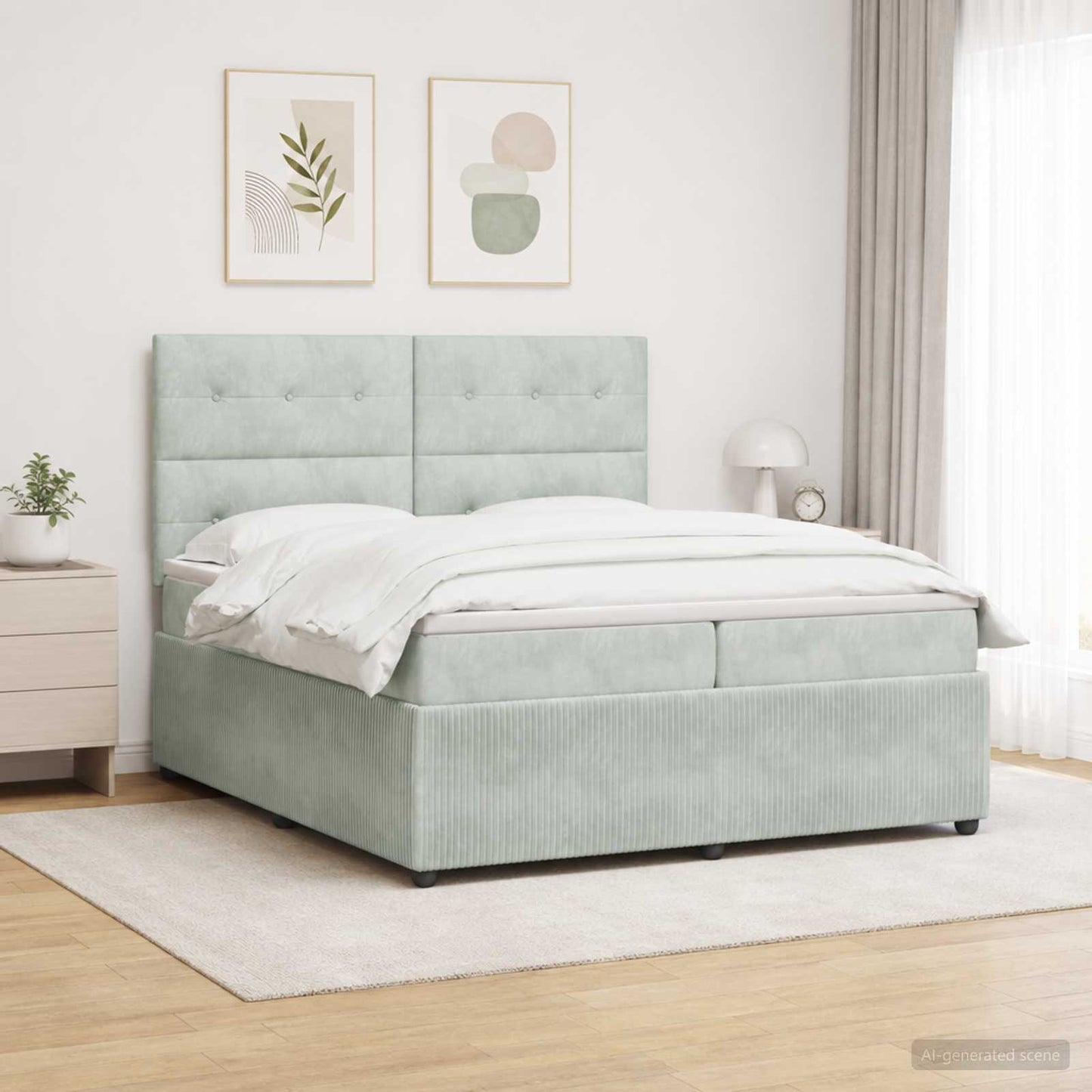LED Boxspring Ágy Mattal Világosszürke 200 x 200 cm Bársony