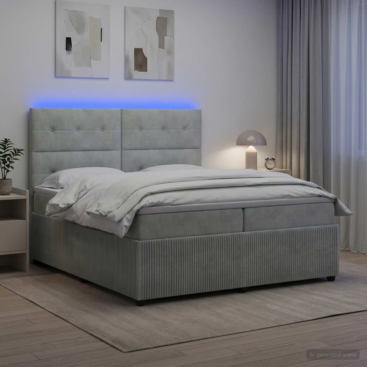 LED Boxspring Ágy Mattal Világosszürke 200 x 200 cm Bársony