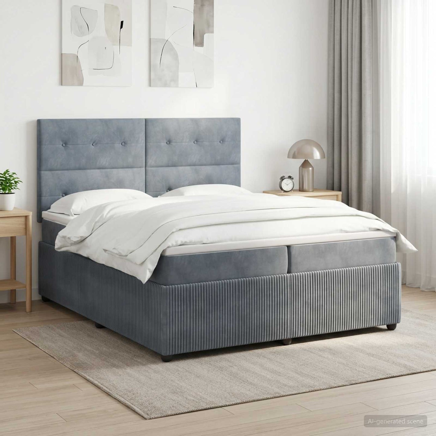 LED Boxspring Ágy Mattal Sötétszürke 200 x 200 cm Bársony