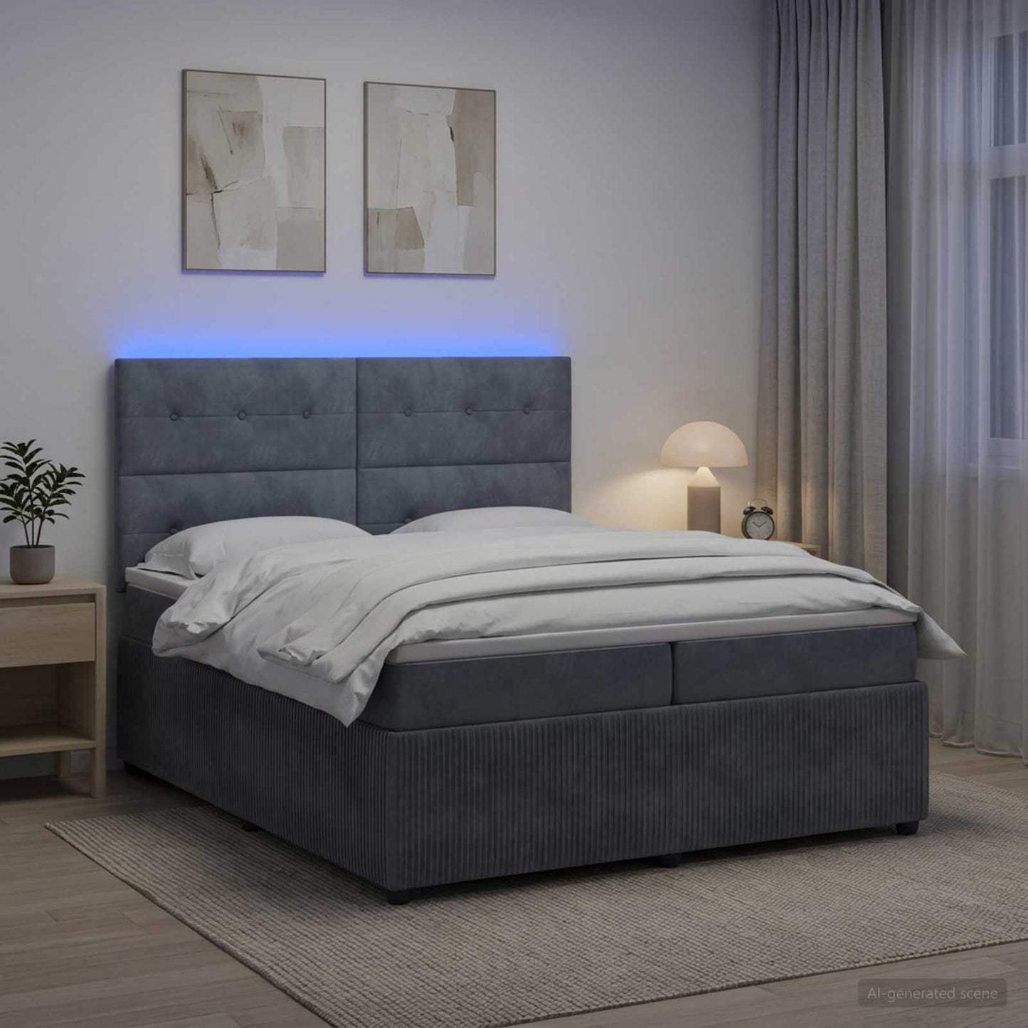 LED Boxspring Ágy Mattal Sötétszürke 200 x 200 cm Bársony