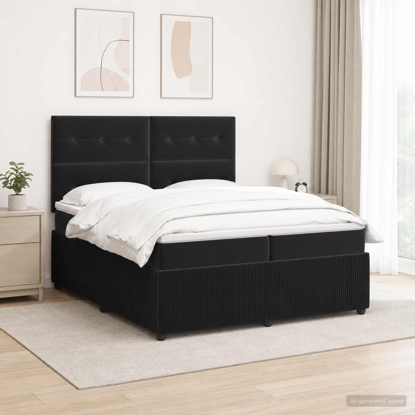 LED Boxspring Ágy Mattal Fekete 200 x 200 cm Bársony