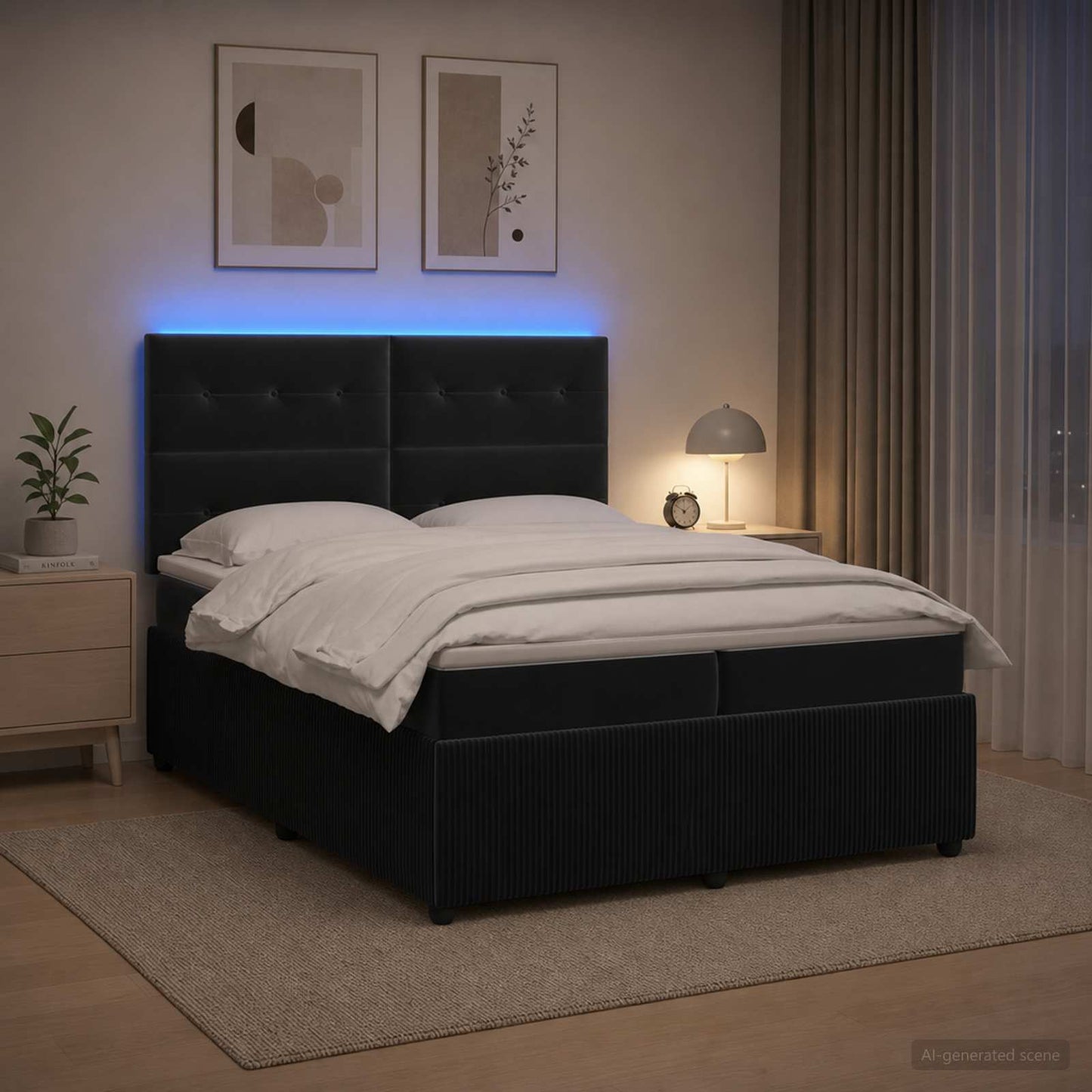 LED Boxspring Ágy Mattal Fekete 200 x 200 cm Bársony