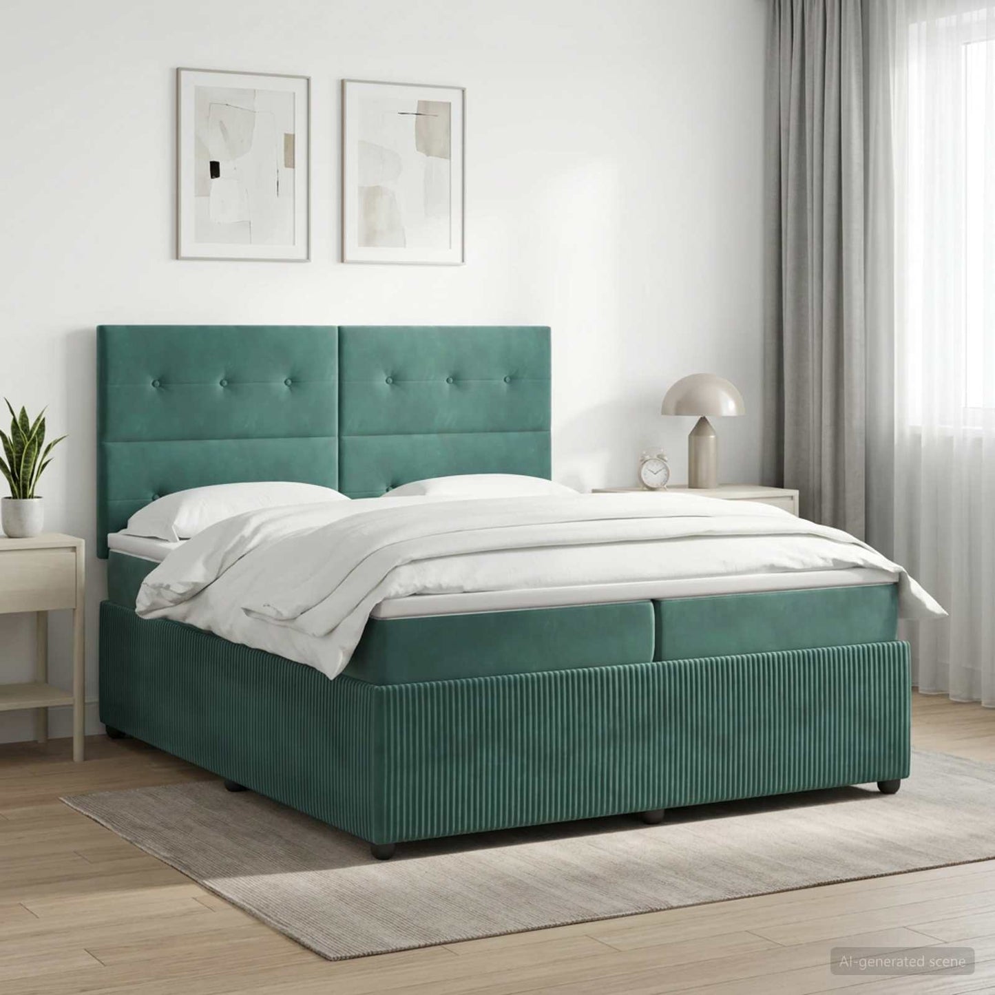 LED Boxspring Ágy Mattal Sötétzöld 200 x 200 cm Bársony