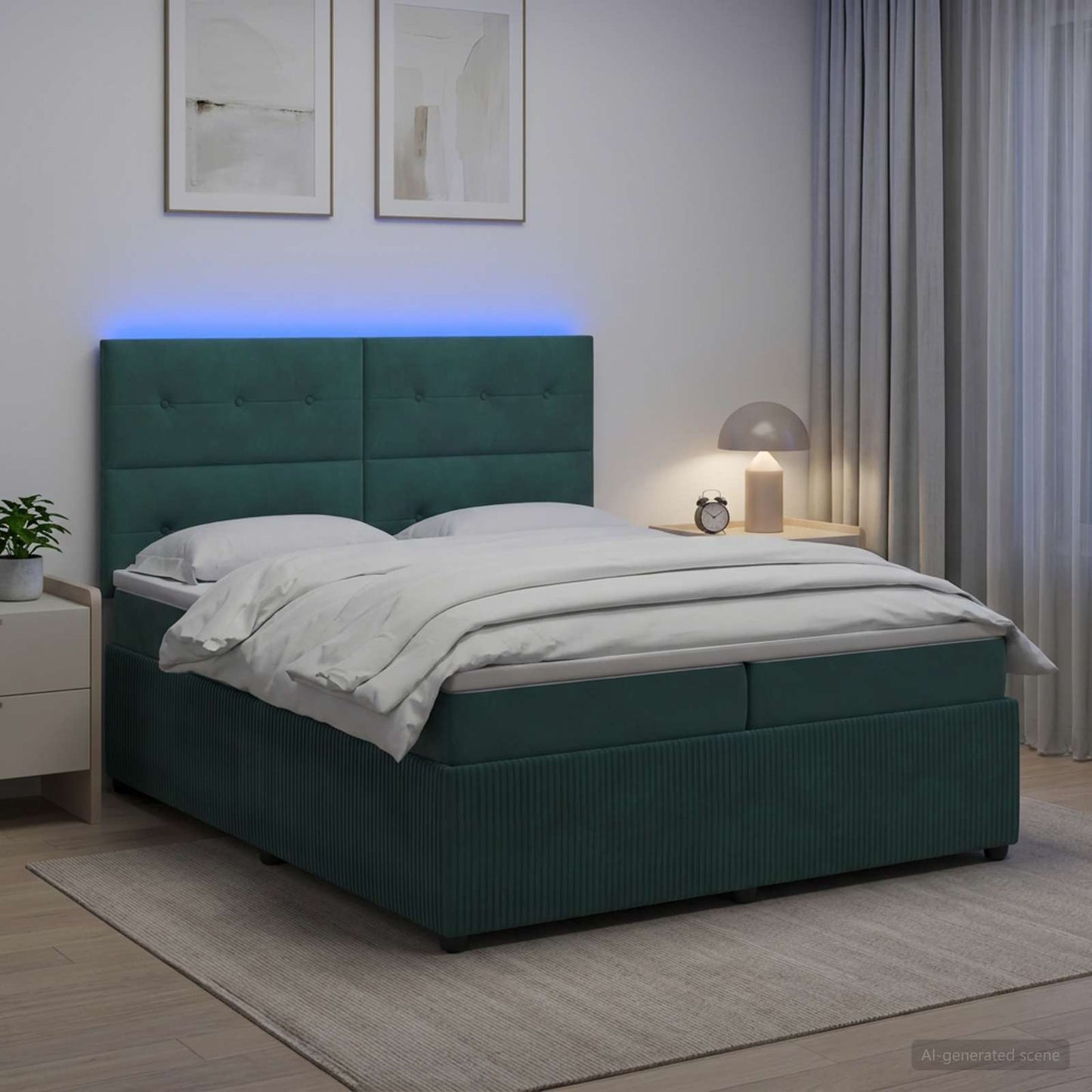 LED Boxspring Ágy Mattal Sötétzöld 200 x 200 cm Bársony