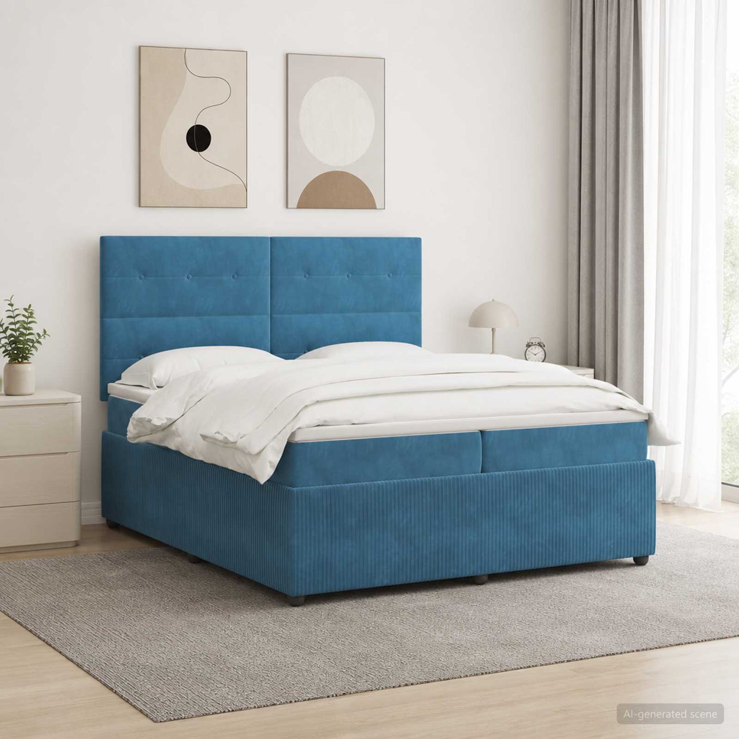 LED Boxspring Ágy Mattal fejtámlával Kék 200 x 200 cm Bársony