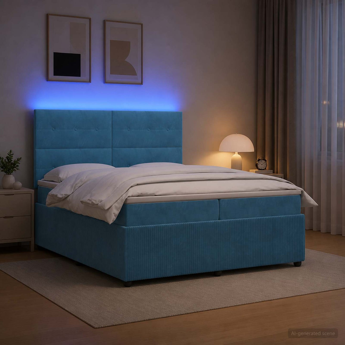 LED Boxspring Ágy Mattal fejtámlával Kék 200 x 200 cm Bársony