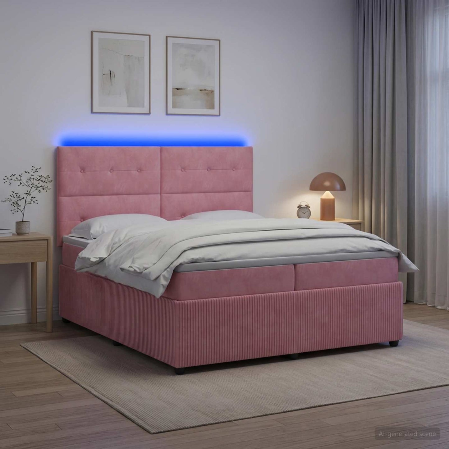 LED Boxspring Ágy Mattal Rózsaszín 200 x 200 cm Bársony