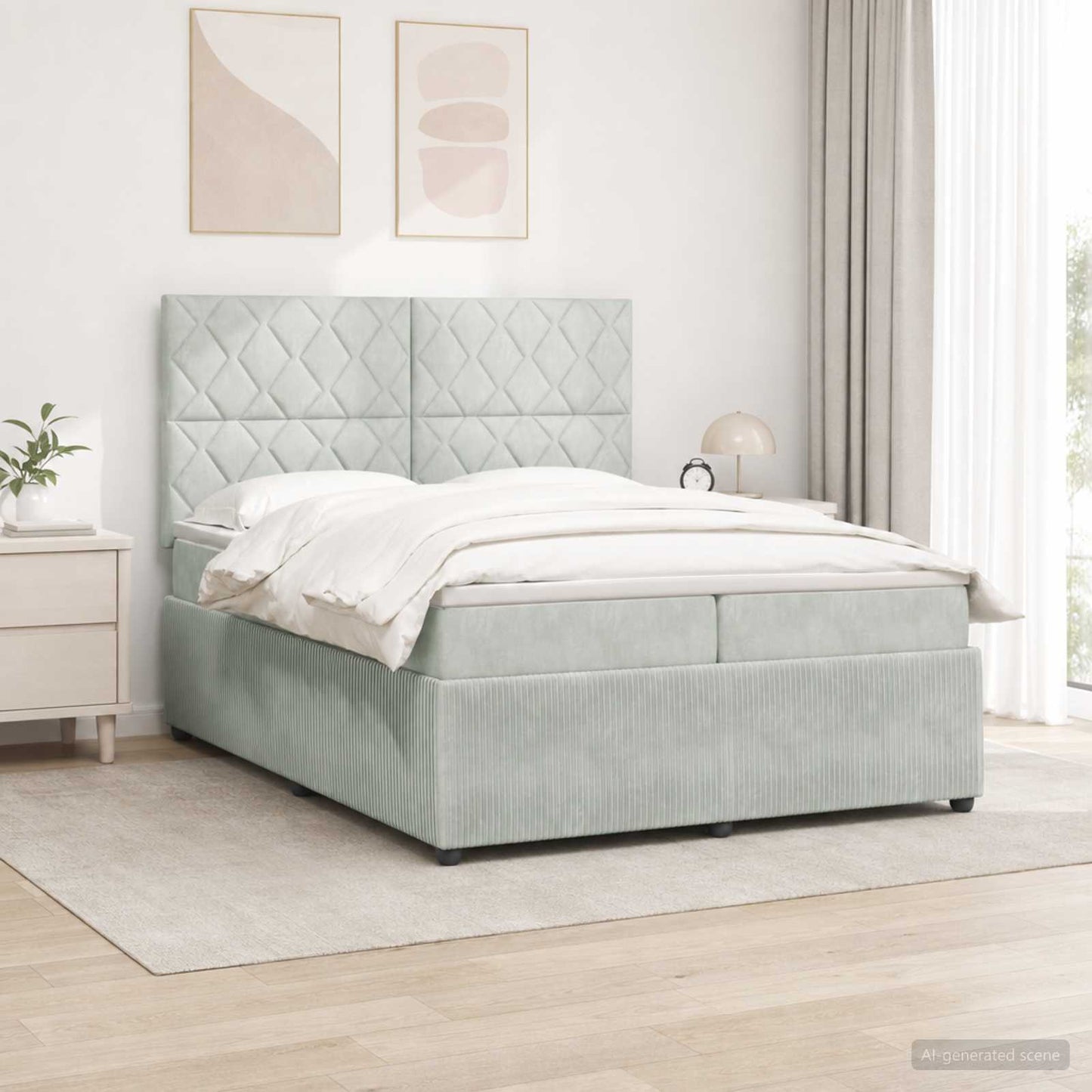 LED Boxspring Ágy Mattal Világosszürke 200 x 200 cm Bársony