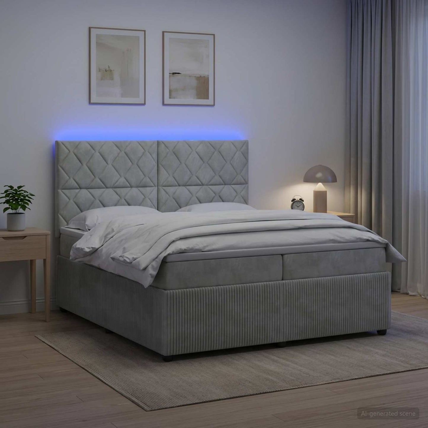 LED Boxspring Ágy Mattal Világosszürke 200 x 200 cm Bársony