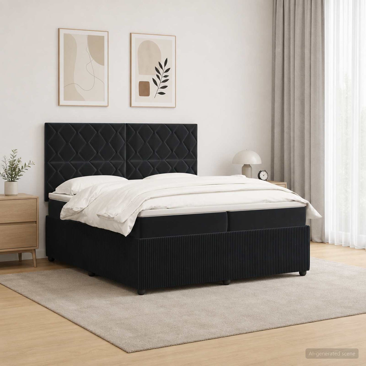 LED Boxspring Ágy Mattal Fekete 200 x 200 cm Bársony