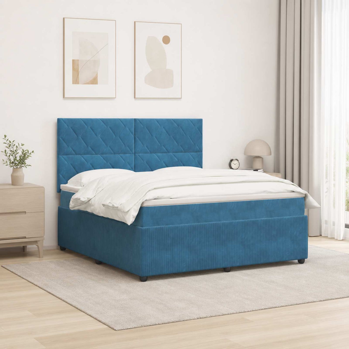 LED Boxspring Ágy Mattal fejtámlával Kék 200 x 200 cm Bársony