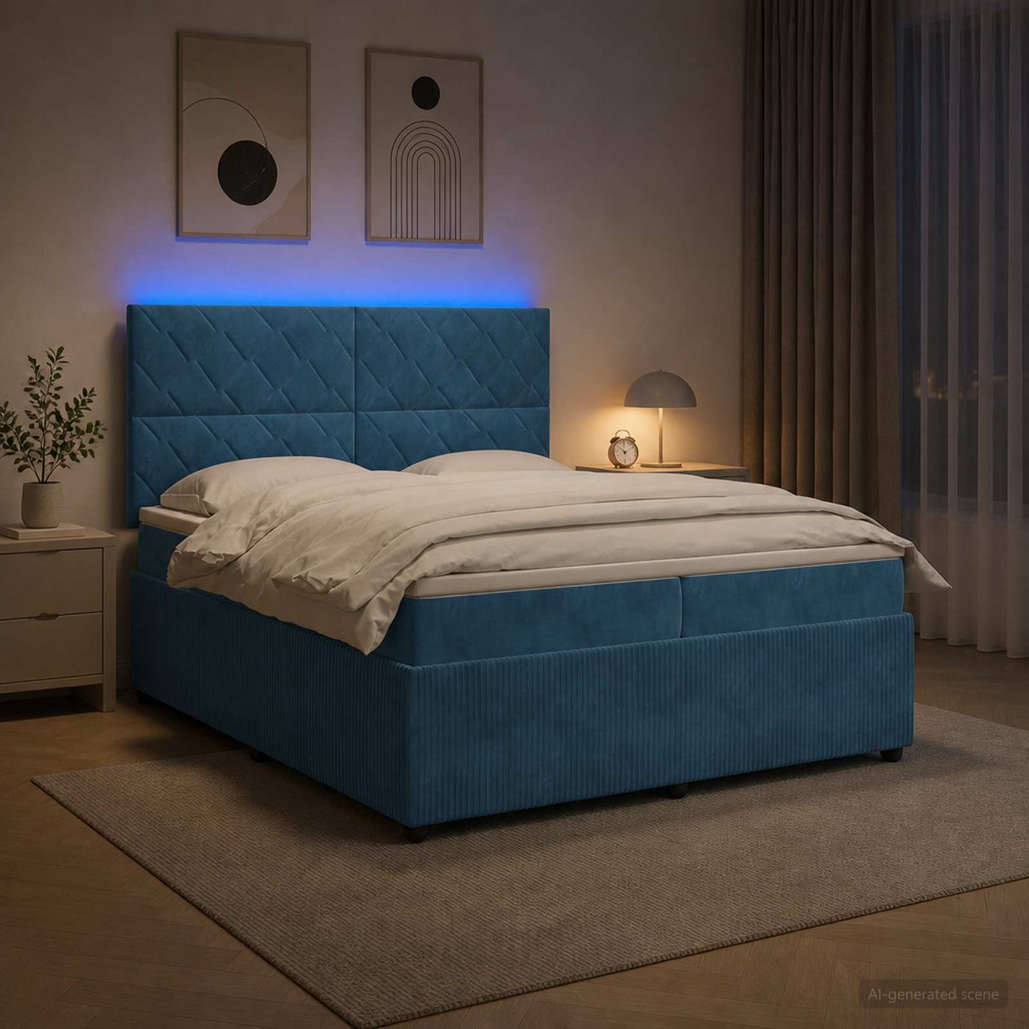LED Boxspring Ágy Mattal fejtámlával Kék 200 x 200 cm Bársony