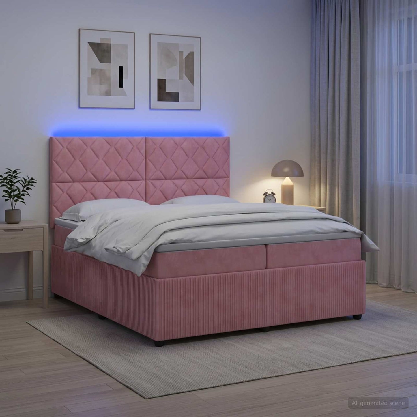LED Boxspring Ágy Mattal Rózsaszín 200 x 200 cm Bársony