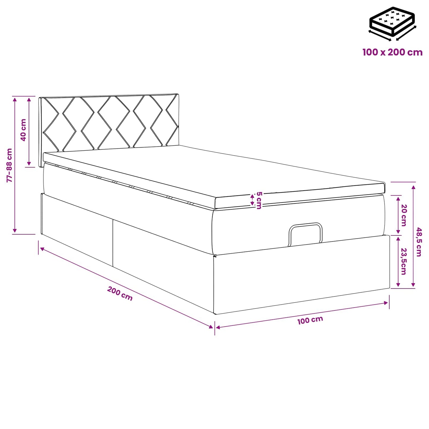Óriáságy matraccal fejtámlával Fekete 100 x 200 cm Bársony