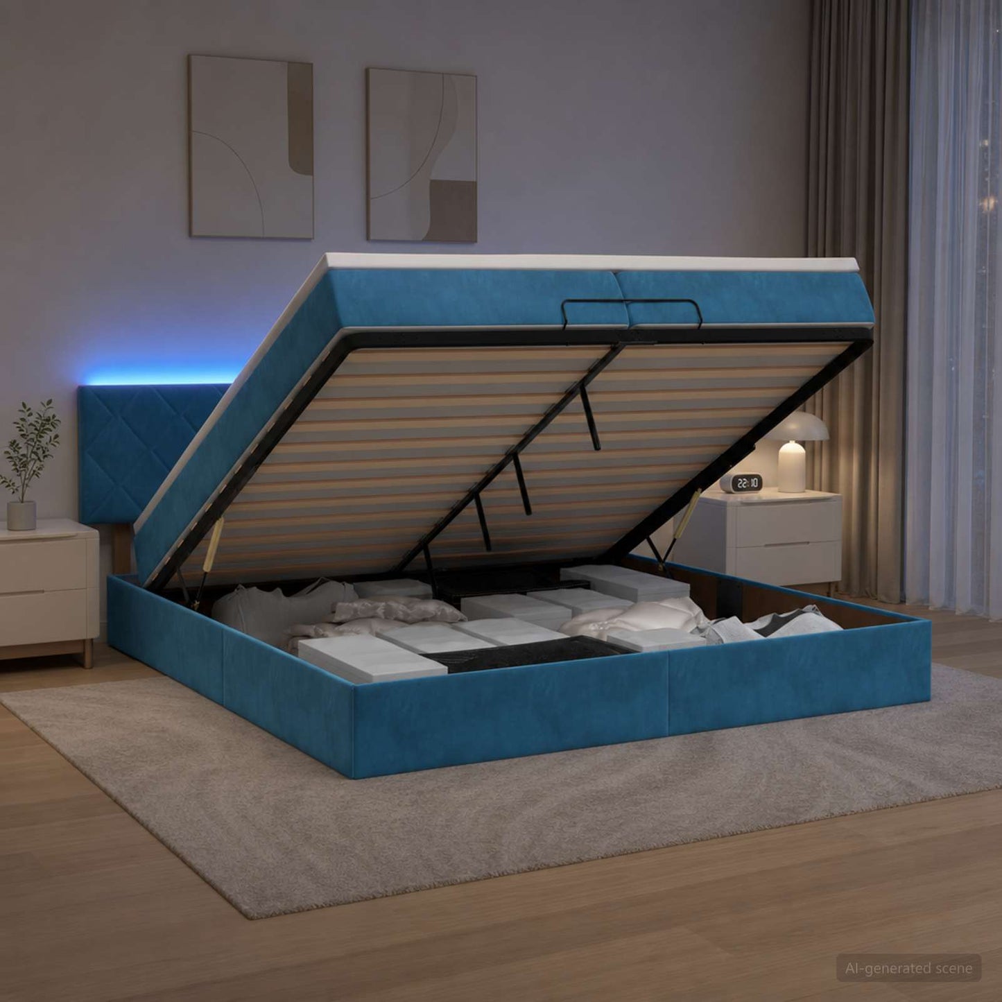Óriási Ágy Matrac és LED világítással Sötét kék 200 x 200 cm
