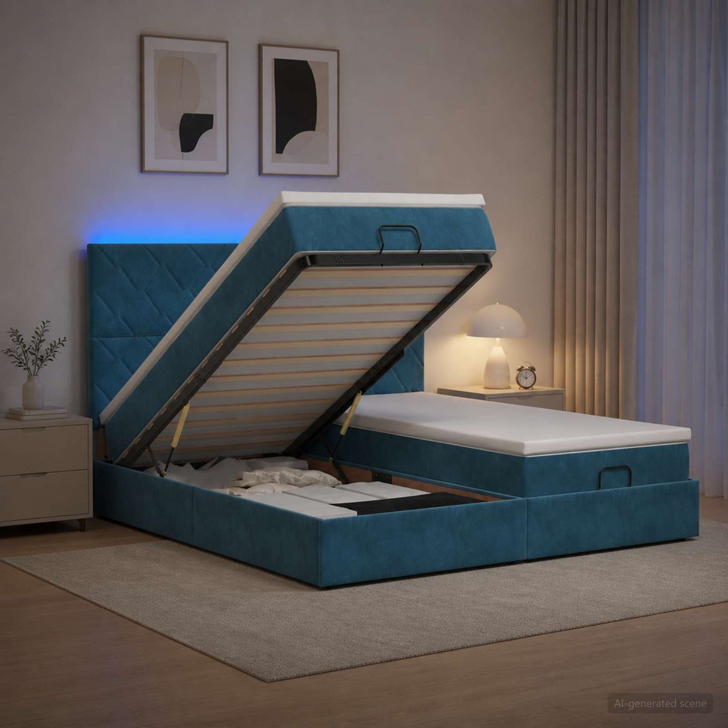 Óriási Ágy Matrac és LED világítással Sötétkék 200 x 200 cm